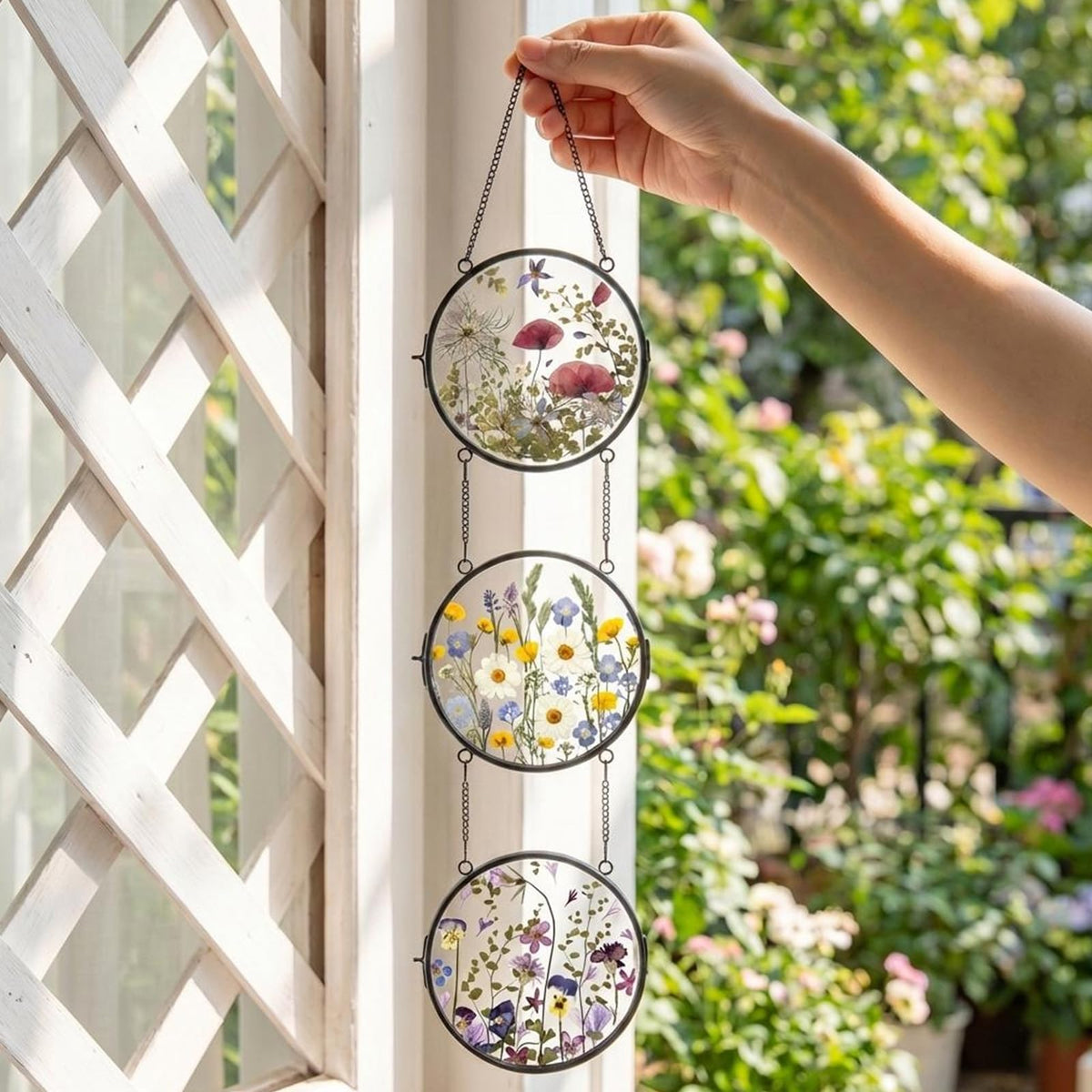FOCHIER F Linked Round Pressed Flower Frame with Chain, Brass Double Glass Floating Picture Frame for Dried Flowers, Botanical DIY Display, Dynamic Hanging Wall Decor, Aesthetic Gift for Women