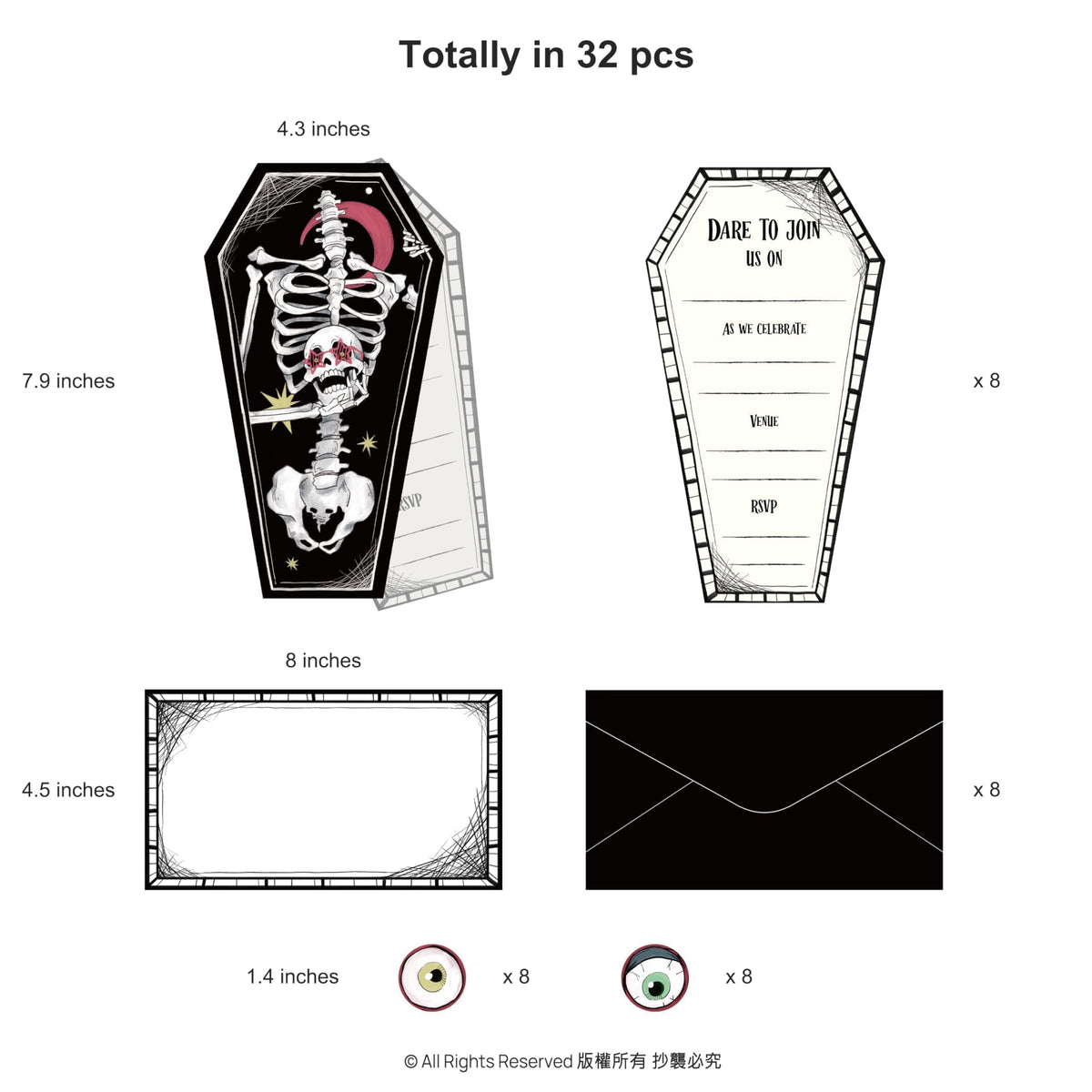 Cheerland Spooky Skeleton Coffin Gothic Summerween Party Invitations Letters With Envelopes and Stickers for Emo Parties Scary Wedding Invitation cards Goth Halloween Party Invites Party Supplies 8Pcs