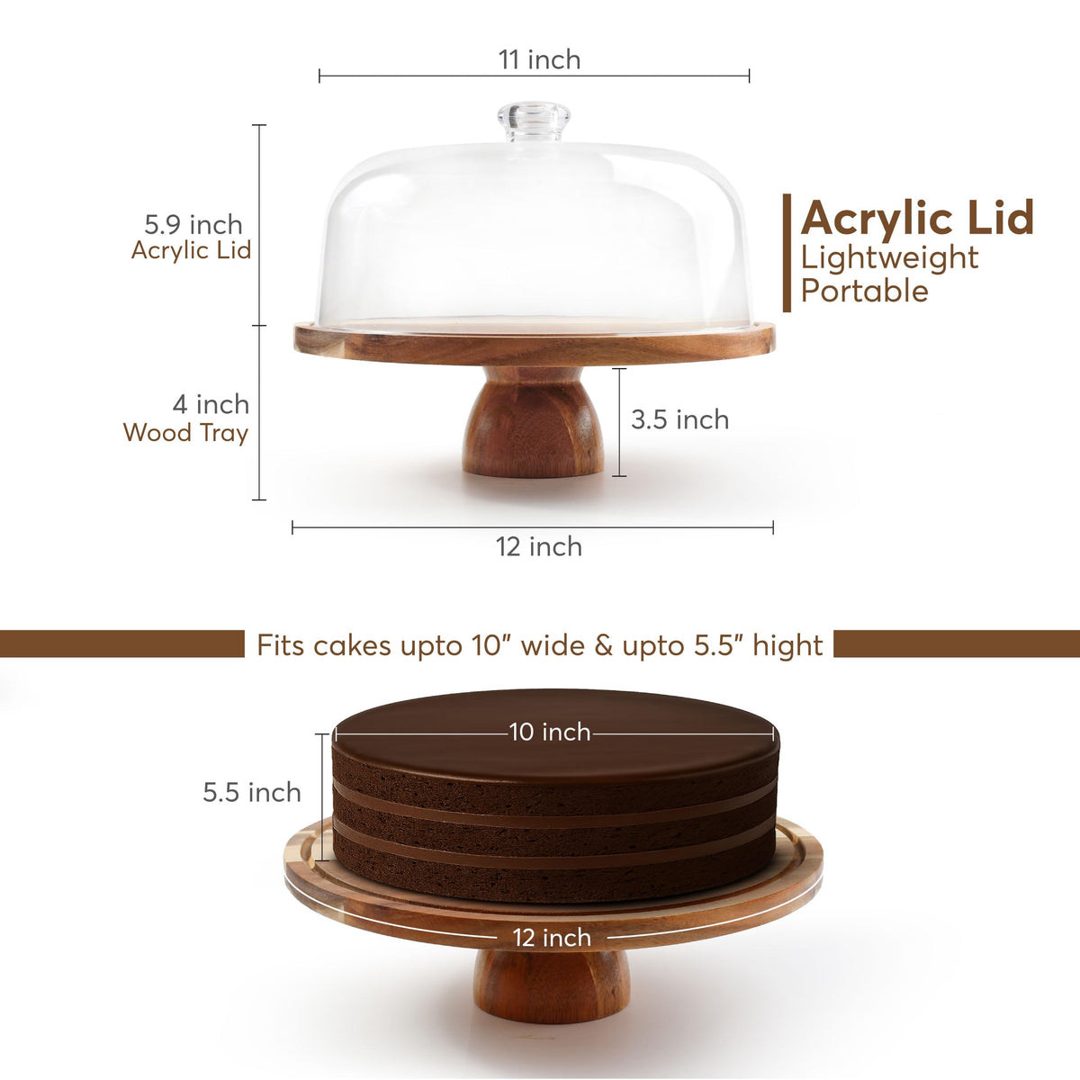 BreezyHome 2-in-1 Acacia Wood Cake Stand with Lid, Cake Stand with Acrylic Dome Light Weight, Strudy & Well Polished, Cake Plate with Lid for Parties, Weddings, and Everyday Use, Cake Display Stand with Lid