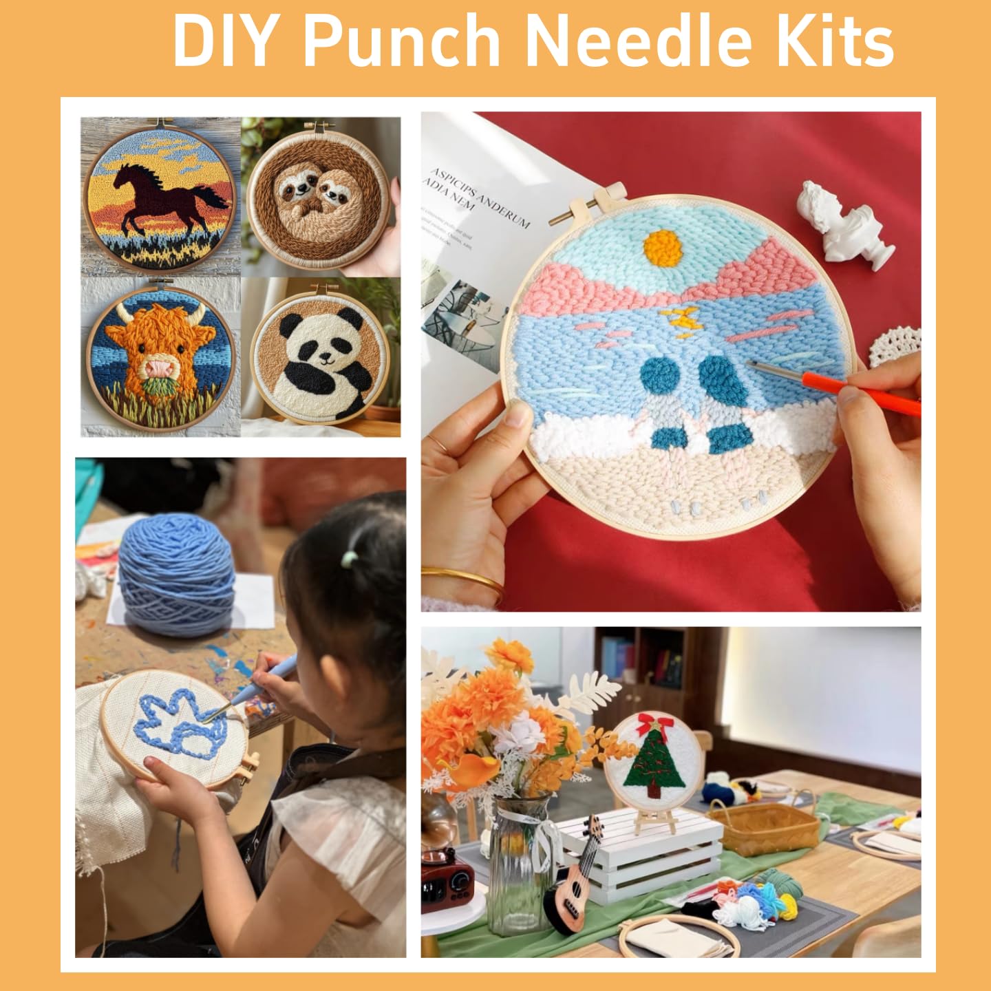 DIY Punch Needle Kits Cute Black and White Sheep Flowers Easy for Beginners Punch Needle Embroidery Set for Craft Lovers with Printed Pattern and Hoop for Home Decor 20x20cm-5
