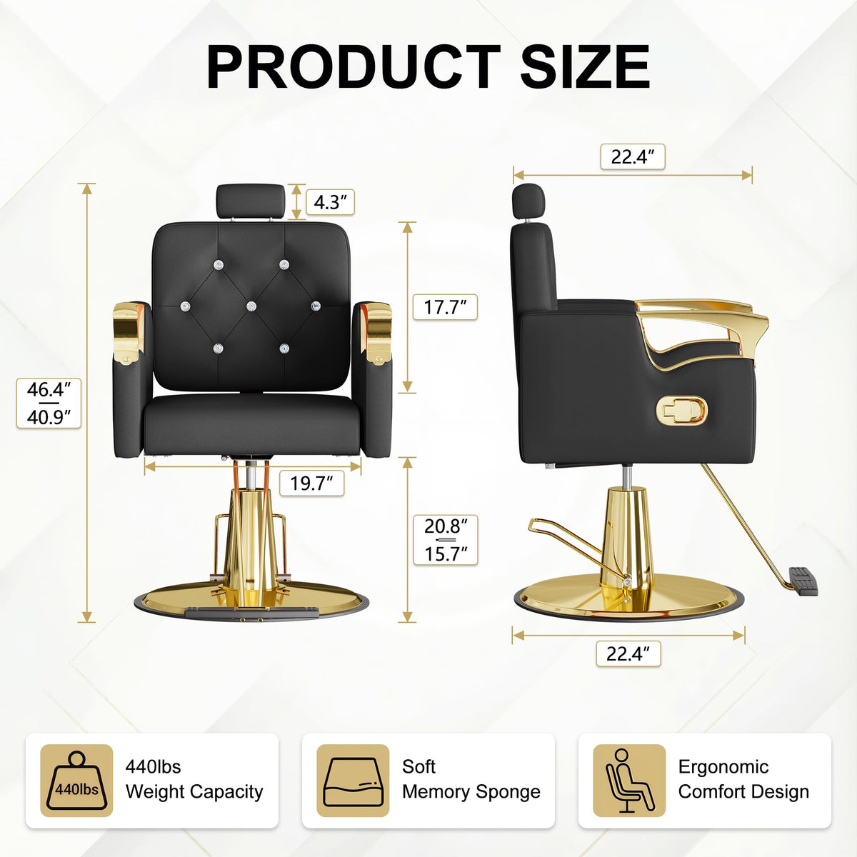 LOUVIXA Barber Chair Reclining, Salon Chairs for Hair Stylist, Height Adjustable Salon Styling Chair, Heavy Duty Barber Chairs, 360 Swivel Barbershop Chair (Black-Golden-440lbs)