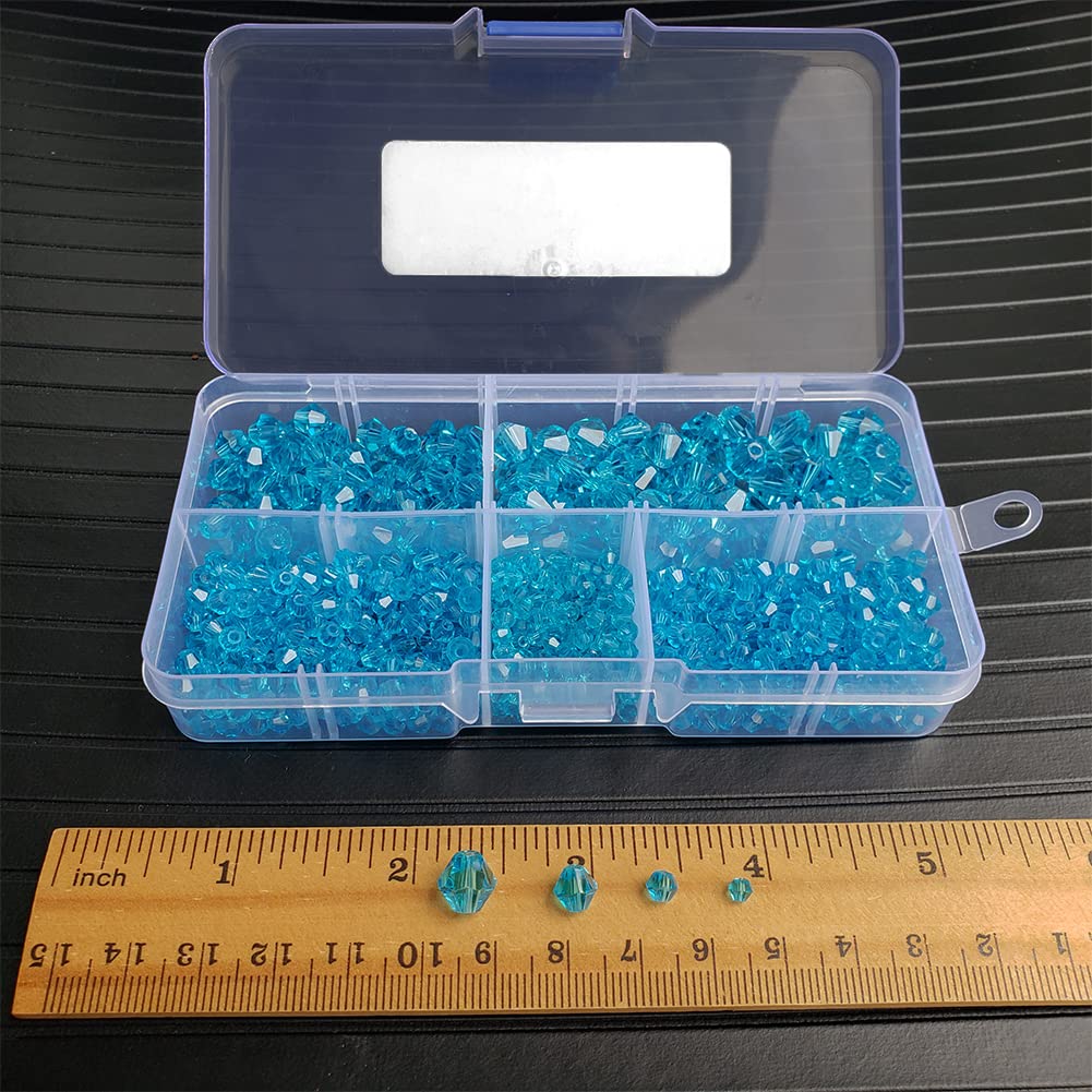 Chengmu Aquamarine Bicone Glass Beads for Jewelry Making, Faceted Crytal Spacer Beads for Bracelet Necklace Earring (3mm 4mm 6mm 8mm Mixed Sizes, 1040pcs)