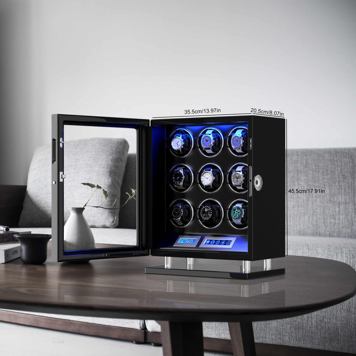 DUKWIN Watch Winder for 9 Automatic Watches, Fingerprint Lock Watch Winders with LCD Touchscreen, Blue LED Light, Remote Control,Adjustable Pillow and Quiet Motor for Universal Watches, 5TPD