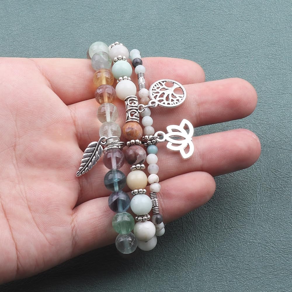 UEUC Tree of Life Yoga Healing Stone Bracelets, Multilayer Lotus Chakra Stone Reiki Bracelet Sets, Anxiety Crystal Natural Stone,for Women Stress Relief(#144)