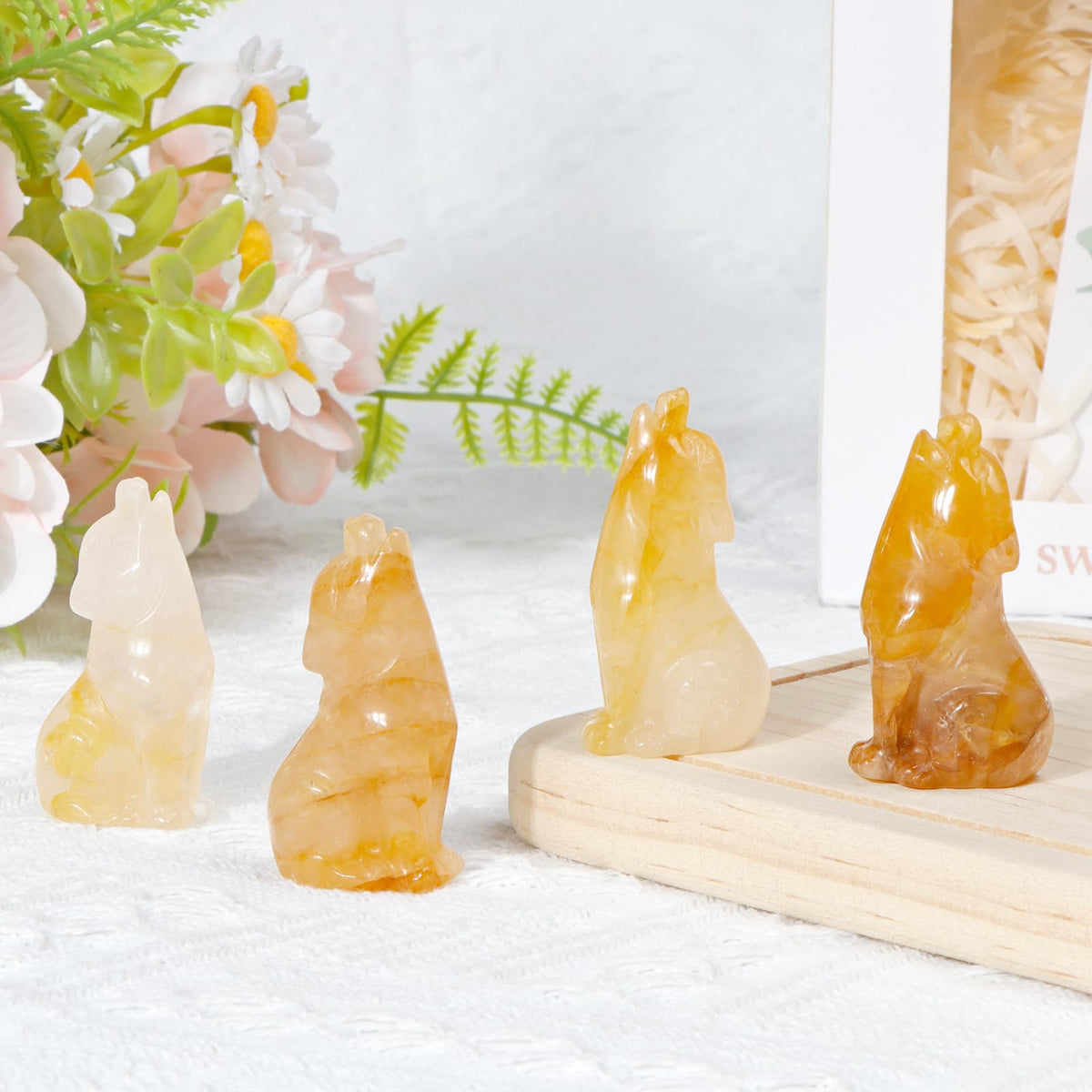 Artistone Citrine Wolf Statue, 2" Natural Crystal Howl Wolves Figurine Decor for Home Office Healing Gemstone Reiki Pocket Animal Sculpture Ornament with Gift Case for Women, Men