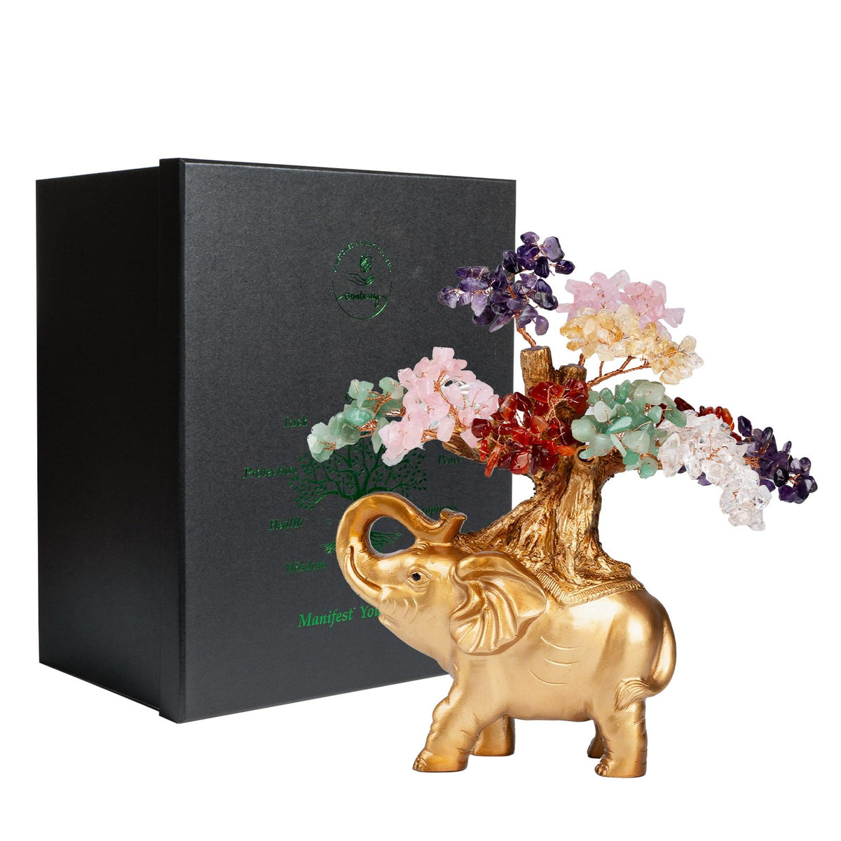GEMBOURY 7 Chakra Crystal Money Tree on Gold Mini Elephant Statue, 10”Gemstone Bonsai Tree of Life Home Décor Gifts for Wealth Positive Energy, Feng Shui Décor