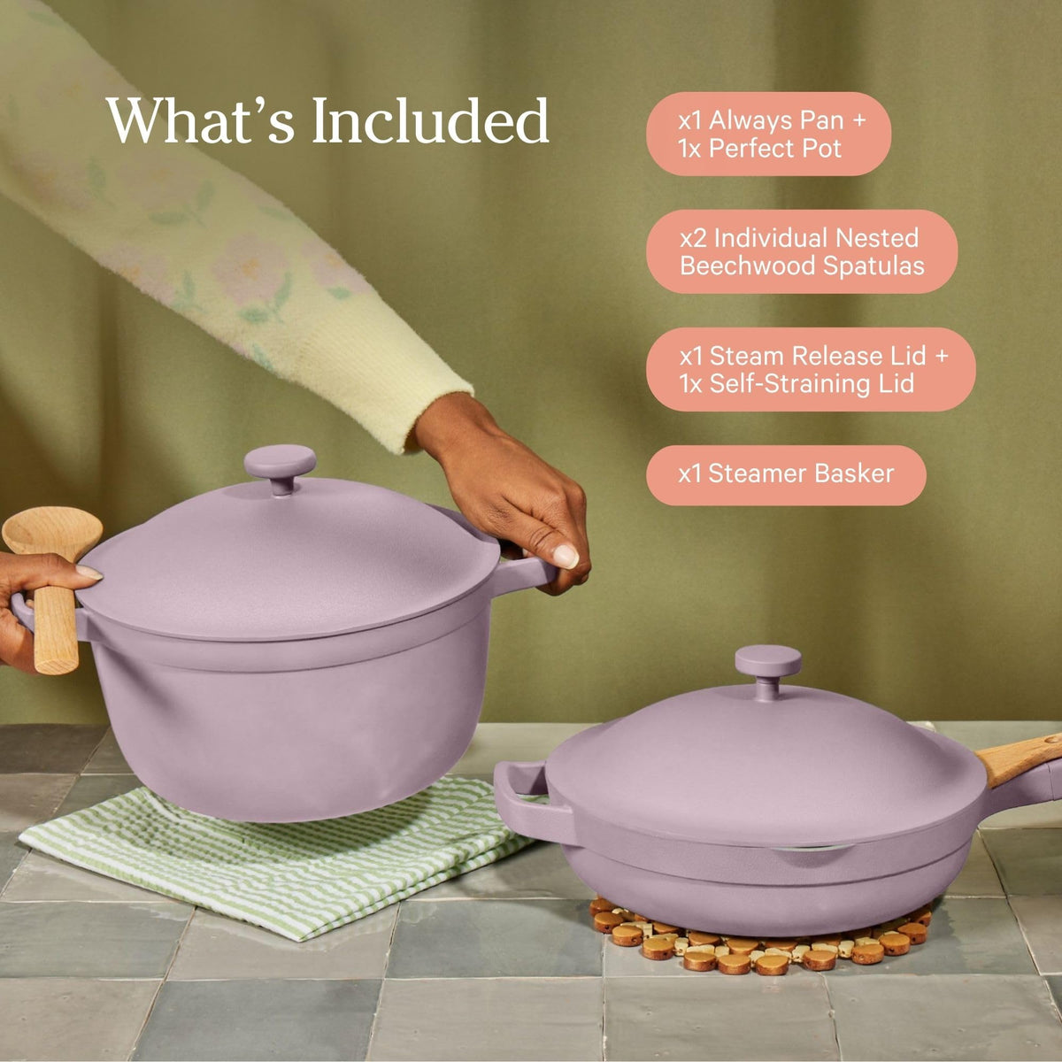 Our Place Cookware Duo | 7-Piece Ceramic Cookware Set with 10.5" Always Pan 2.0, 5.5 Qt Perfect Pot & Strainer Basket | Induction & Oven Safe up to 450°F | Nonstick, Non-Toxic Cookware | Blue Salt