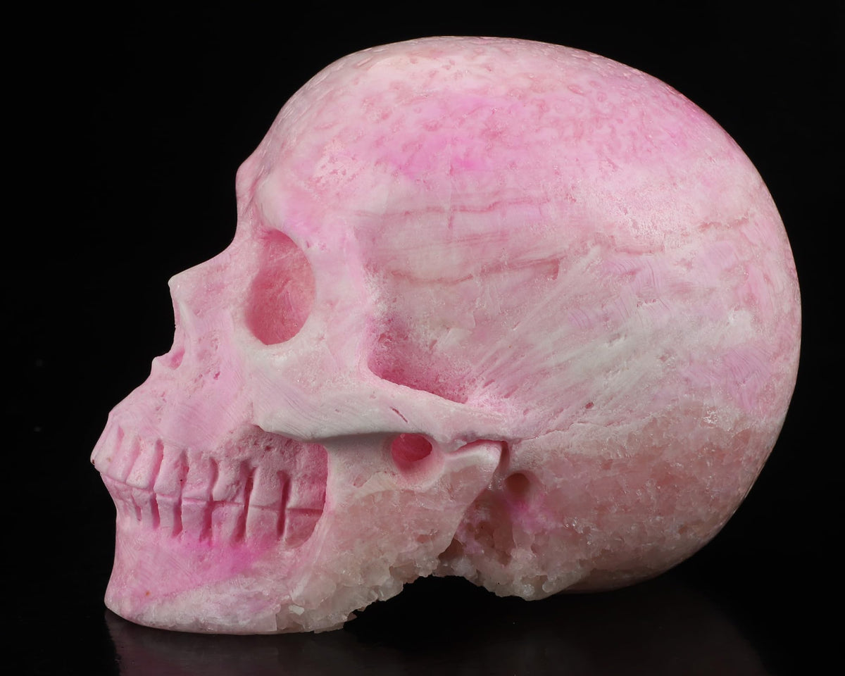 Skullis 5.0" Pink Aragonite Realistic Crystal Skull, Hand Carved Gemstone Fine Art Sculpture, Reiki Healing Stone Statue.3252.