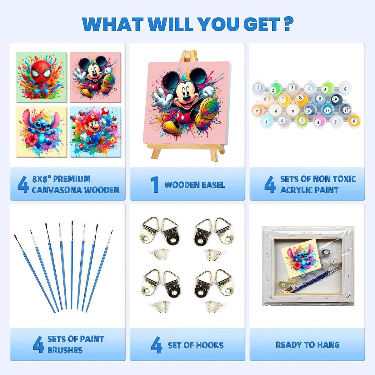 Fuinkqe 4 Packs Cartoon Paint by Numbers Kits for Kids Framed,Paint by Numbers for Kids Ages 8-12 with Framed Canvas,DIY Easy Painting Kits with Wooden Easel for Home Wall Decor 8X8 Inch