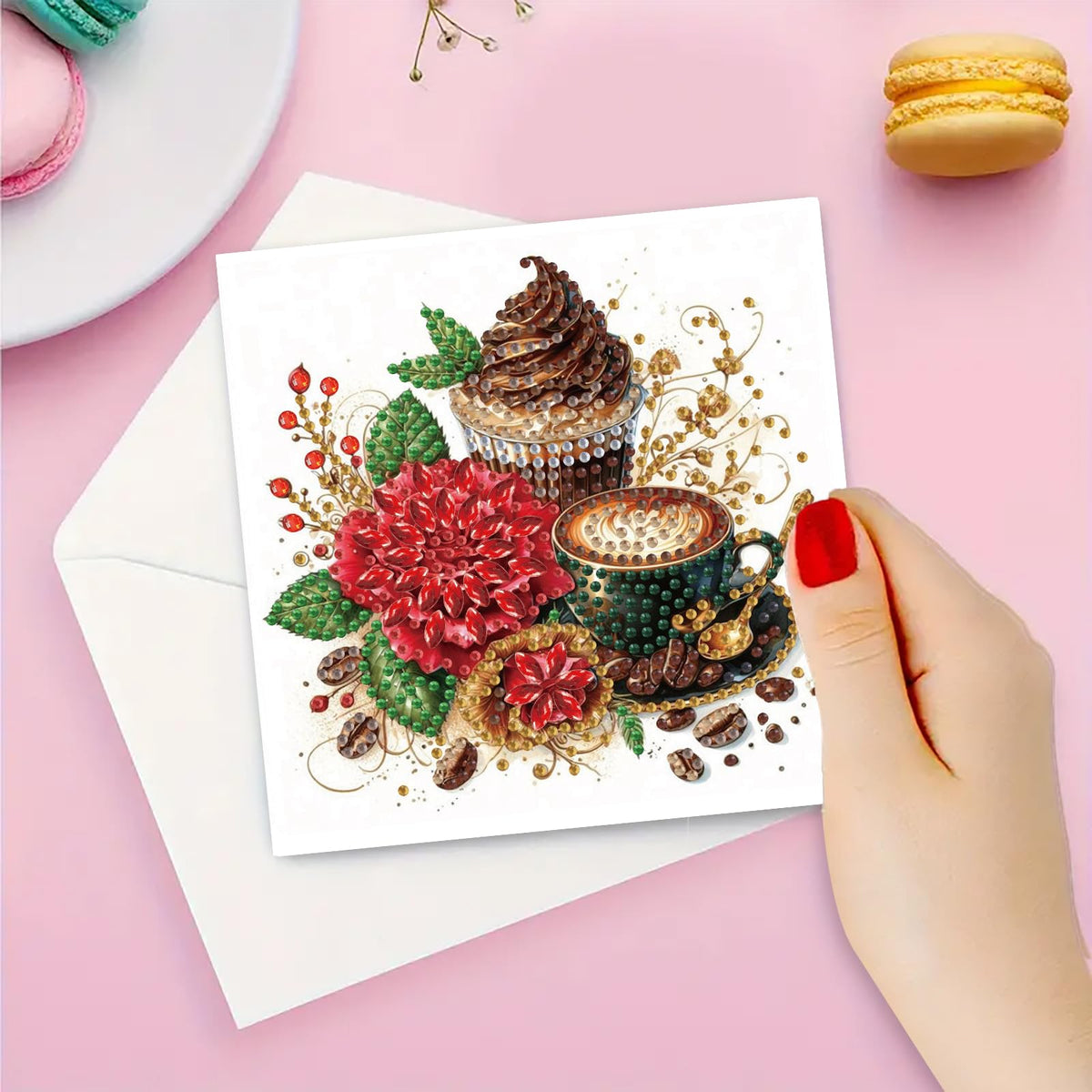 pigpigboss 6 Packs Coffee Dessert Diamond Painting Greeting Cards Kit, Crystal Rhinestones Flower Cupcake Diamond Art Birthday Card with Envelopes for Beginner Adult Holiday Blessing
