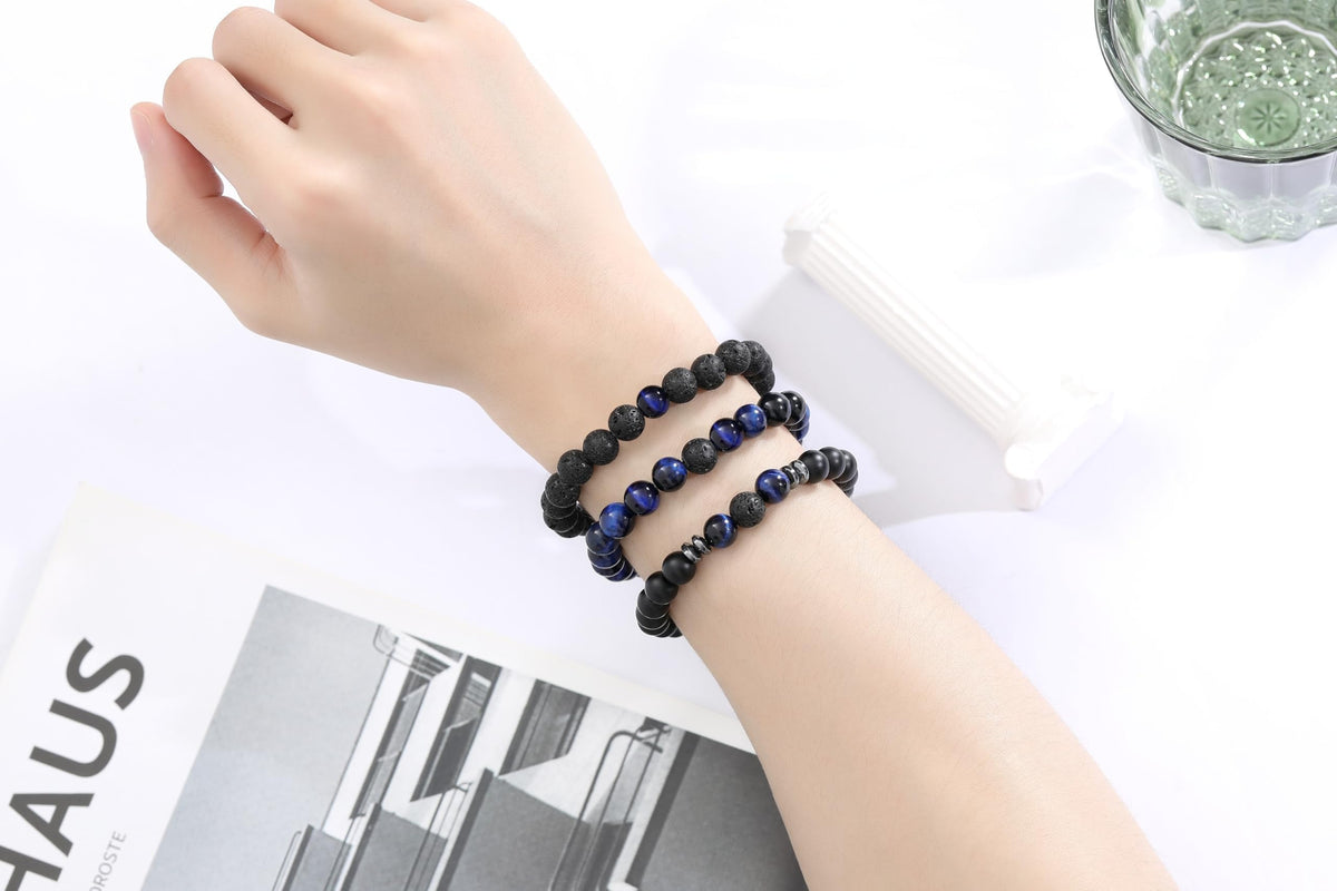 XIANNVXI Mens Blue Crystal Beads Bracelet 3PC Blue Black Stone 8mm Bead Bracelets Set for Men Stretch Lava Rock Obsidian Black Crystal Beaded Bracelet for Mens