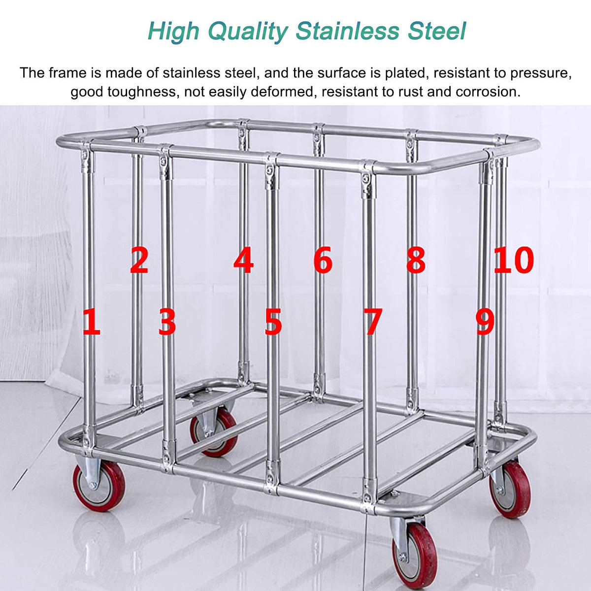 WANGKENSU Commercial Heavy Duty Large Laundry Hamper Sorter Cart with 6 Cloth Bag & 5 Inch Wheels, Stainless Steel & Oxford Cloth, Max Load 150kg (Blue) (Beige)