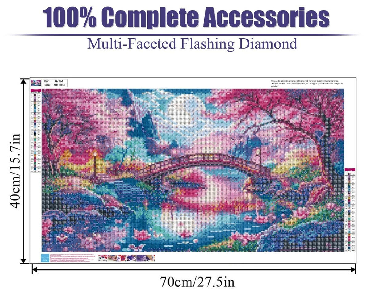 pchmcu 5D Large Diamond Painting,Cherry Scenery with Moon Bridge Extra Large Diamond Art Kits for Adults,DIY Round Full Drill Crystal Rhinestone Arts and Crafts Home Wall Decor 27.5 X 15.7inch