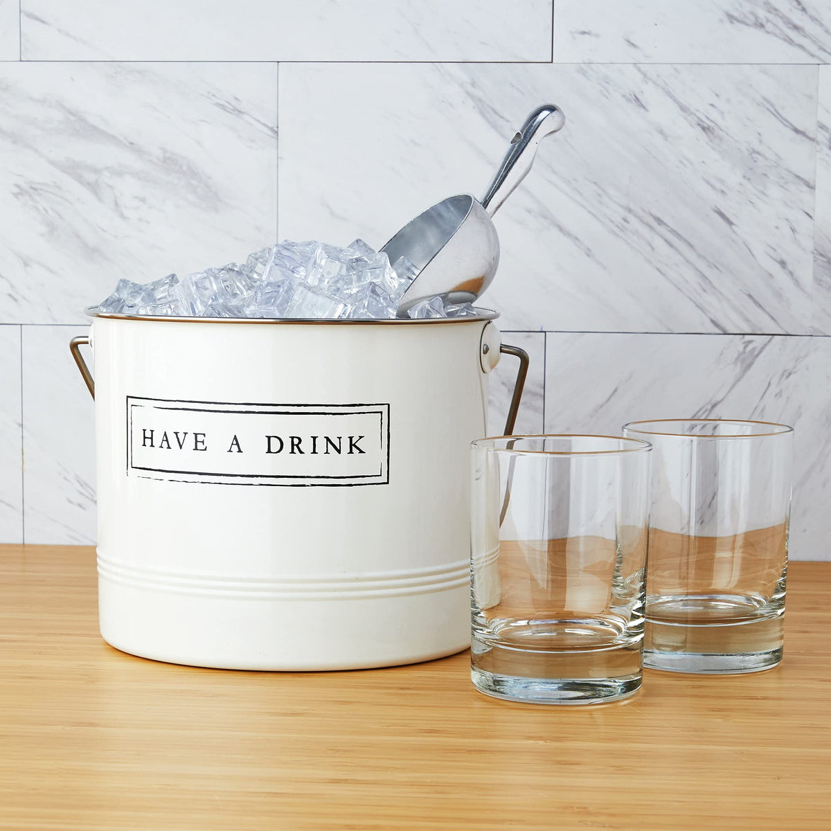 Twine Have A Drink White Enameled Metal Ice Bucket & Scoop for Parties - Wine Bottle And Beer Bottle Bucket in 1 Gallon