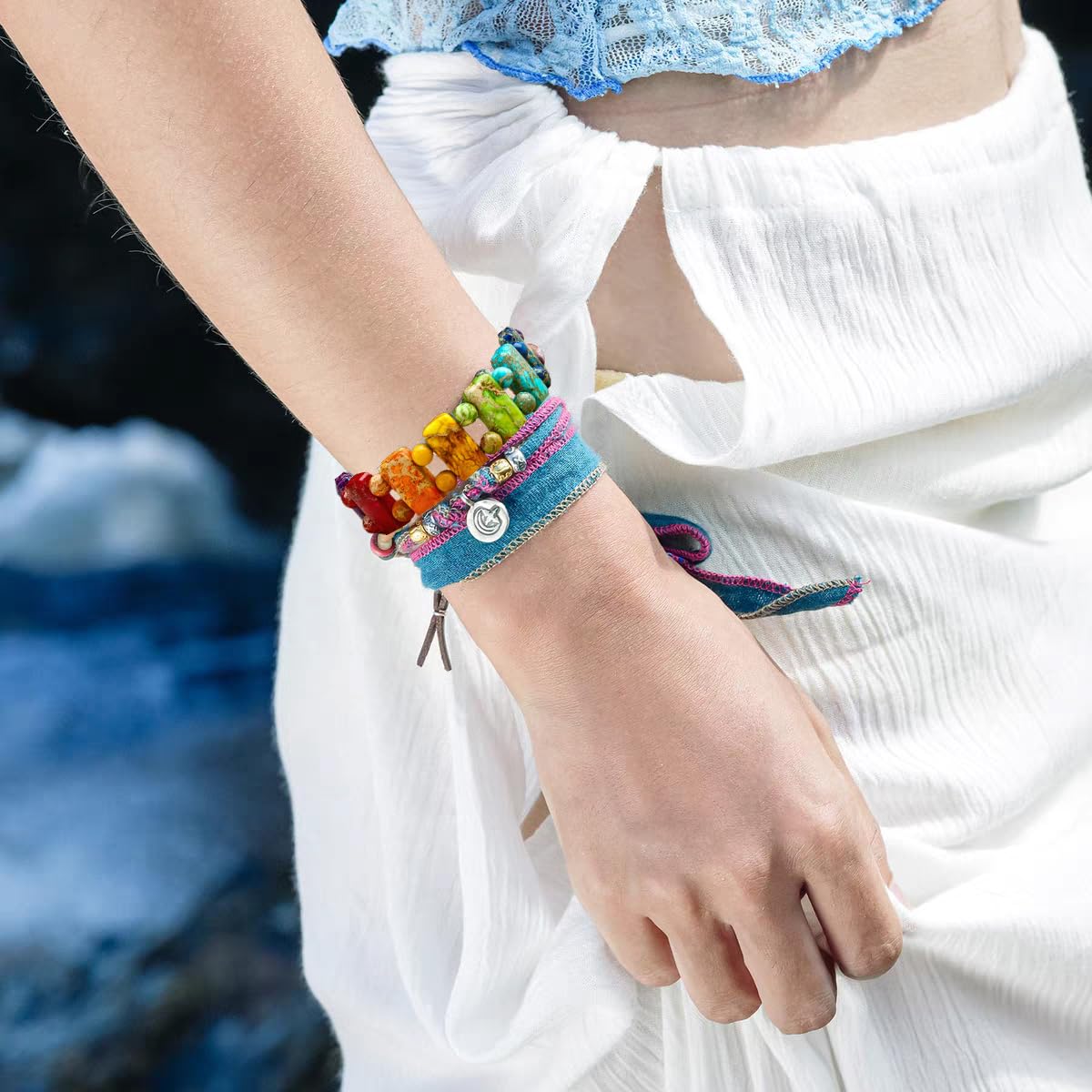 Yomisa Chakra Bracelets for Women,Healing Meditation 7 Chakras Stone Beaded Bracelet for Womens,Natural Handmade Boho Friendship Bracelets Bohemian Western Jewelry Rainbow Stretch Bead Bracelet Gifts