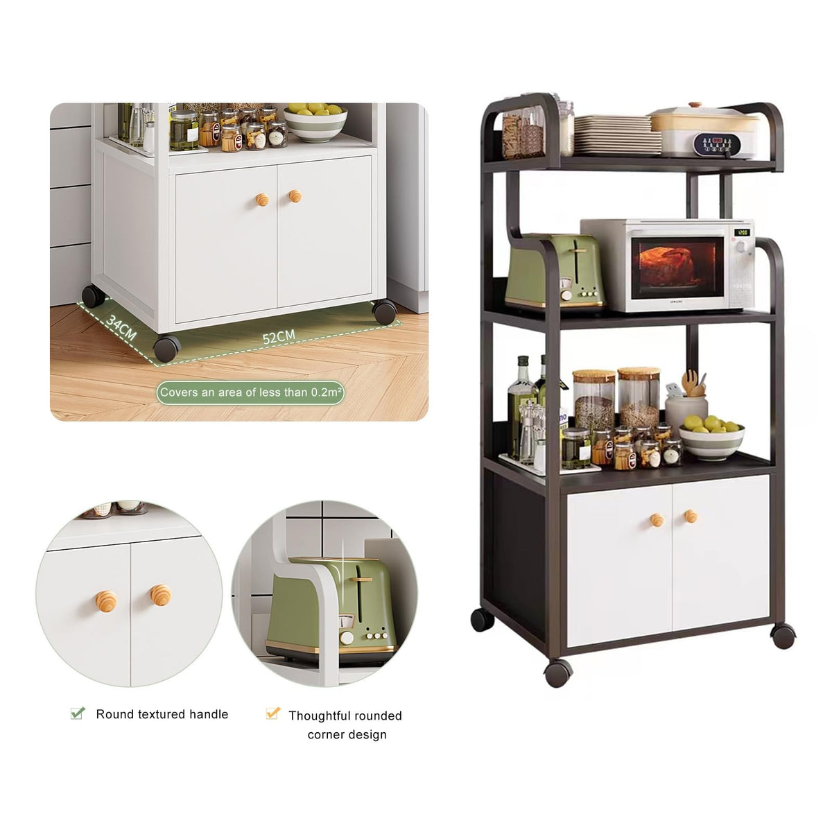 DHXIAMZ Storage Rack for Kitchen Rolling Microwave Stand Versatile Cabinet for Entryway Living Room & Bakery 52x34x126.5CM Stylish Black Kitchen Shelving Unit