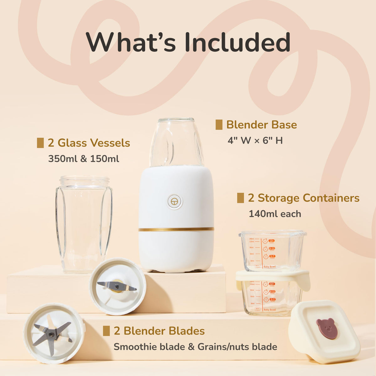 Kwiplee Bubble Blender, Baby Food Maker & Puree Blender with 2 Borosilicate Glass Cups, Compact Baby Bullet for Smoothies, Hands-Free One-Touch, 200W Motor, Cream