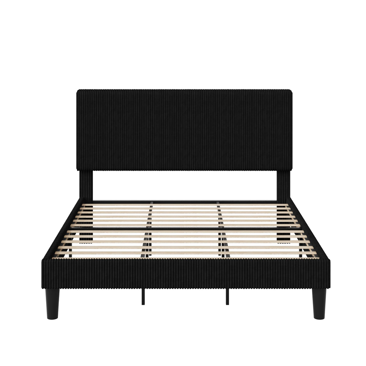 Allewie King Size Upholstered Bed Frame with Vertical Channel Tufted Headboard, Soft Corduroy Fabric Platform Bed, Strong Wooden Slats Support, Easy Assembly, No Box Spring Needed, Black