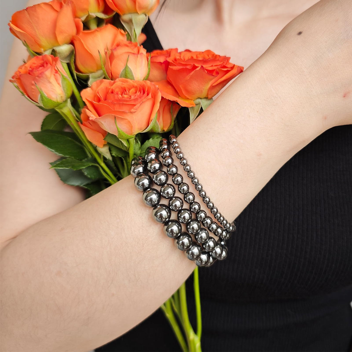 Handmade Natural Gemstone Elastic Bracelet - Healing Crystal Beads Jewelry, Unisex (Hematite, 8mm)