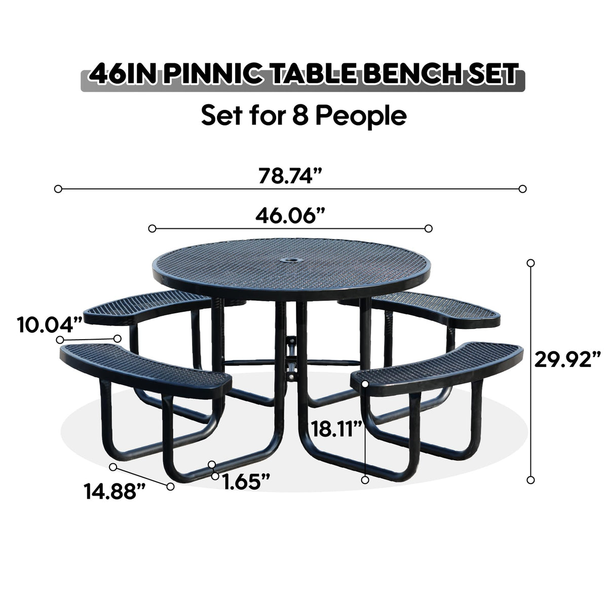 Sunnibety 8-Person Picnic Tables for Outdoors, Industrial 46" Expanded Metal Round Picnic Table with 4 Benches & Umbrella Hole, Outside Table and Bench Set for Park, Garden, Backyard, Patio, Black
