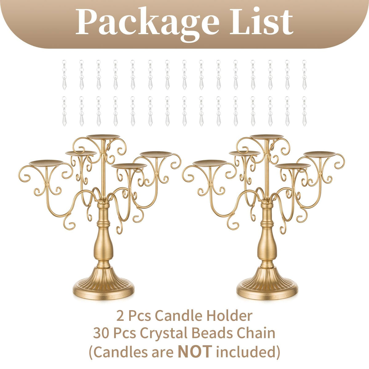 Sziqiqi Gold Candelabra Candle Holder - 5 Arm Pillar Candle Holders with Crystal Beads for Christmas Table Centerpiece Halloween Wedding Candleholders Decoration Set of 2