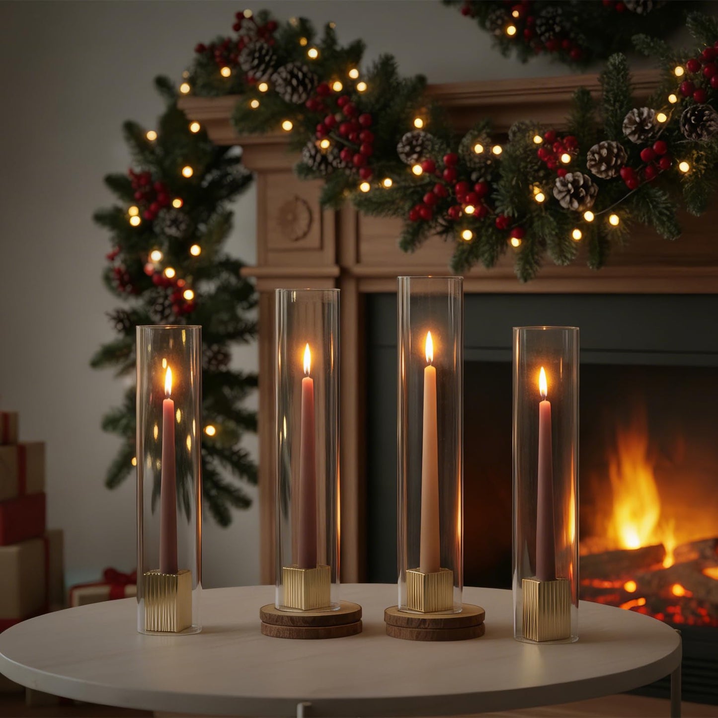 LETINE 14" Tall Hurricane Candle Holders with Gold Ribbed Taper Candle Holders Set of 9– Bulk Windproof Taper Candle Hurricane Glass for Outdoor&Indoors Wedding Centerpiece, Event & Home Decor