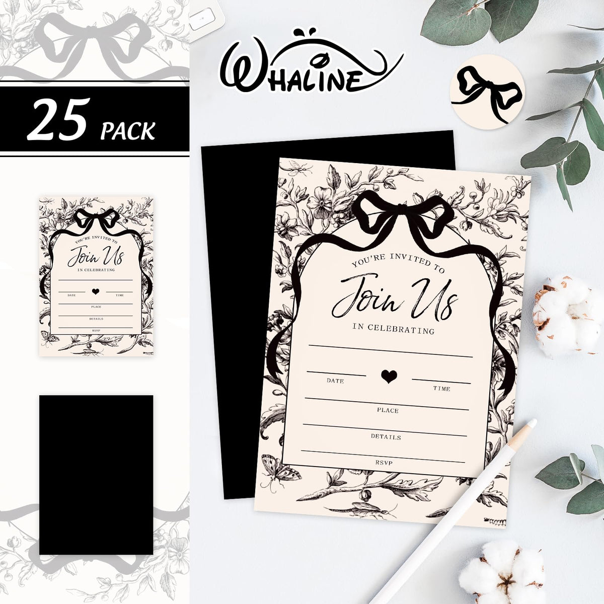 Whaline 25 Pack Black Bow Floral Invitations with Envelopes Stickers Vintage Bowknot Flower Invitation Cards Blank Invites for Coquette Celebration Party Supplies, 5 x 7 Inch