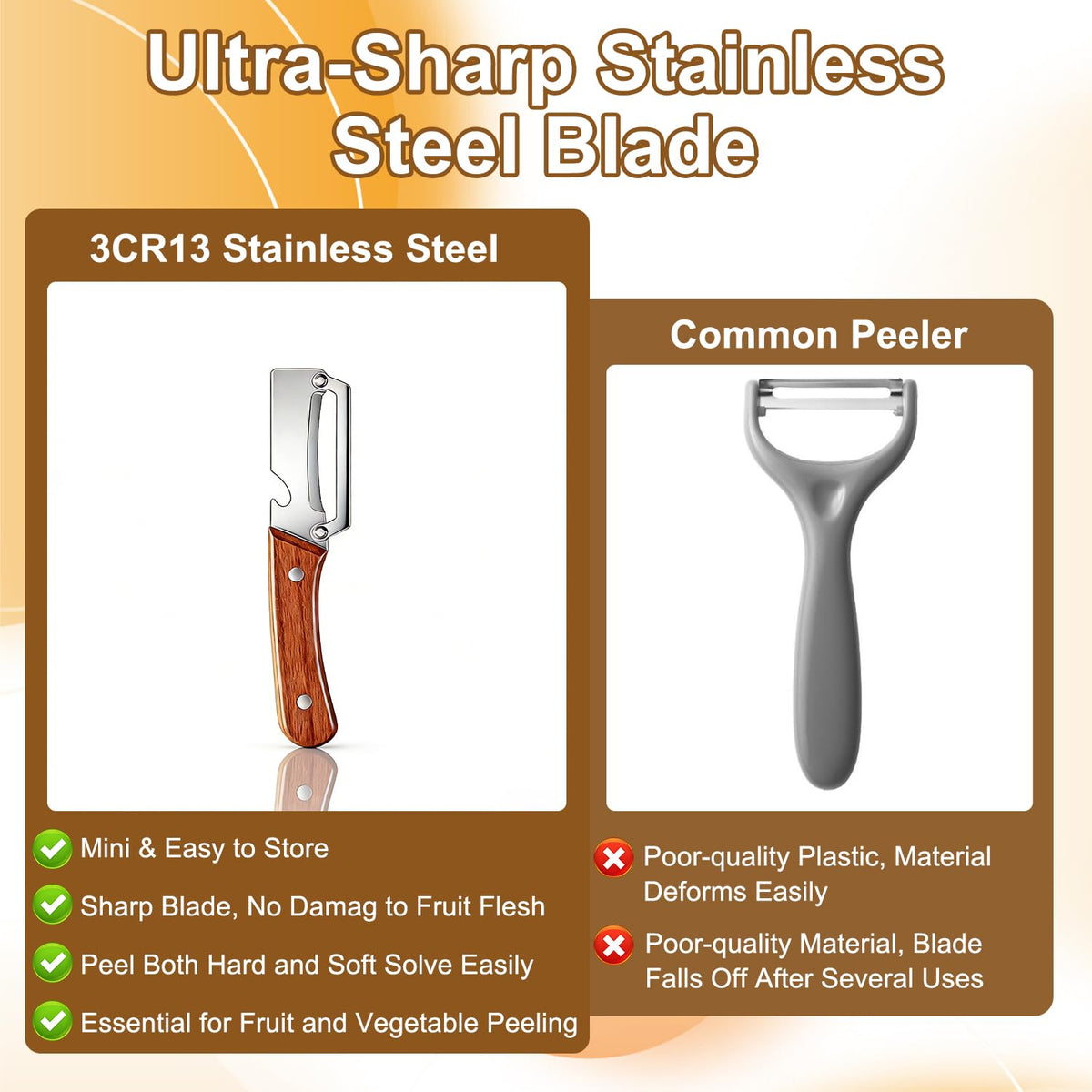 Premium Vegetable Peeler with Wooden Handle and Bottle Opener,2-in-1 Stainless Steel Kitchen Tool for Fruit Potato Zucchini Pumpkin Papaya(2 PSC)