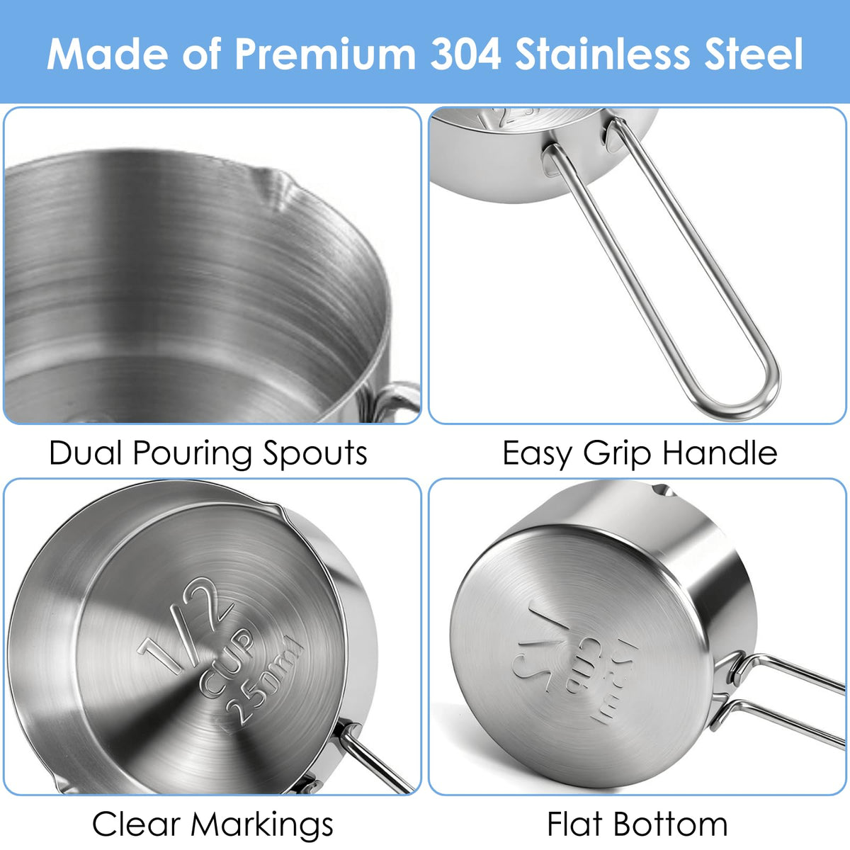 YOUEON 6 Pcs 1/2 Cup (125ml) Stainless Steel Measuring Scoops, Metal Measuring Cups with Handle for Dog Food, Coffee, Baking, Cooking, Dishwasher Safe