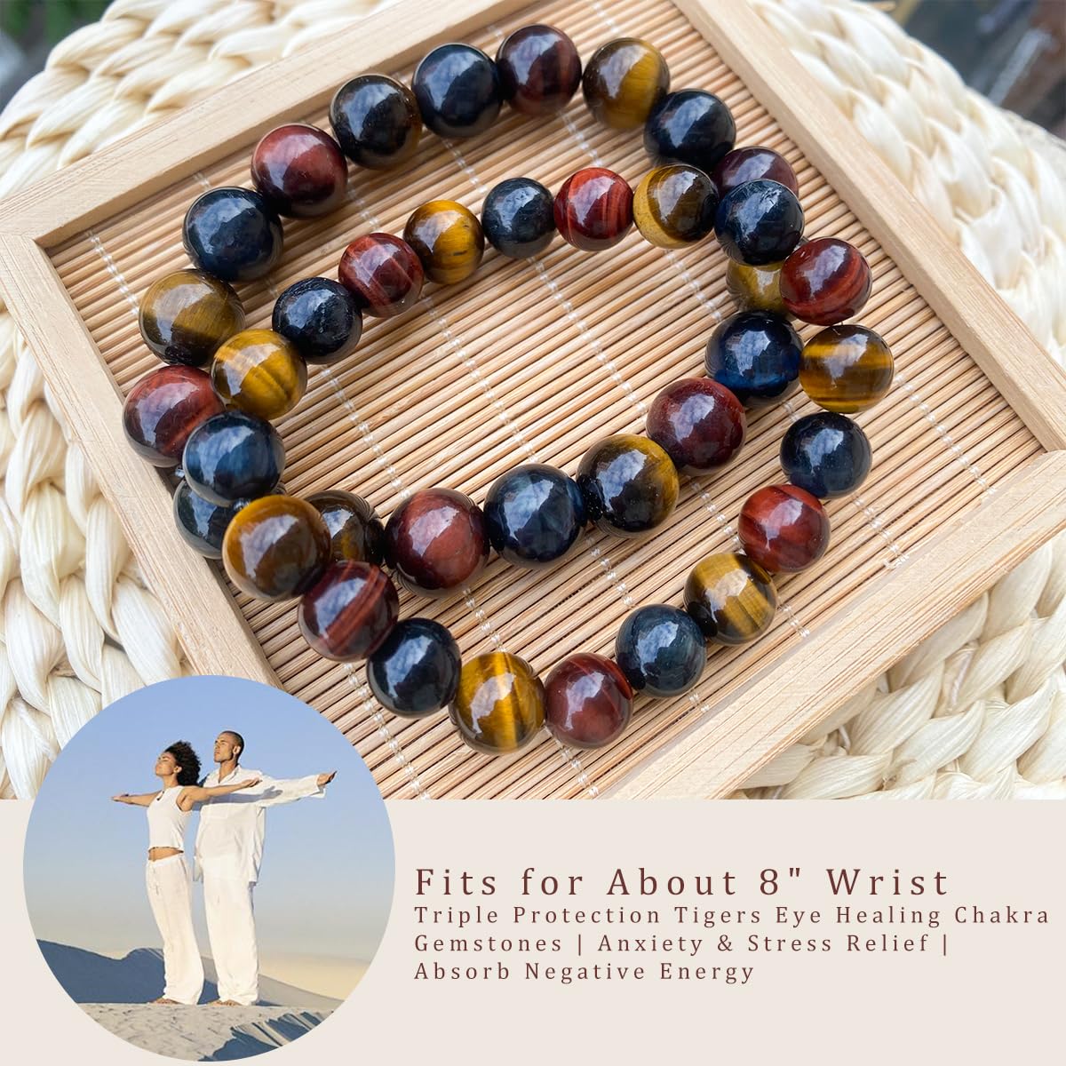 OwizJade 12MM Tiger Eye Bracelet for Women Men Beads | Mixed Red Gold Blue - Fits for About 8" Wrist | Triple Protection Tigers Eye Chakra Gemstones | Anxiety & Stress Relief | Absorb Negative Energy