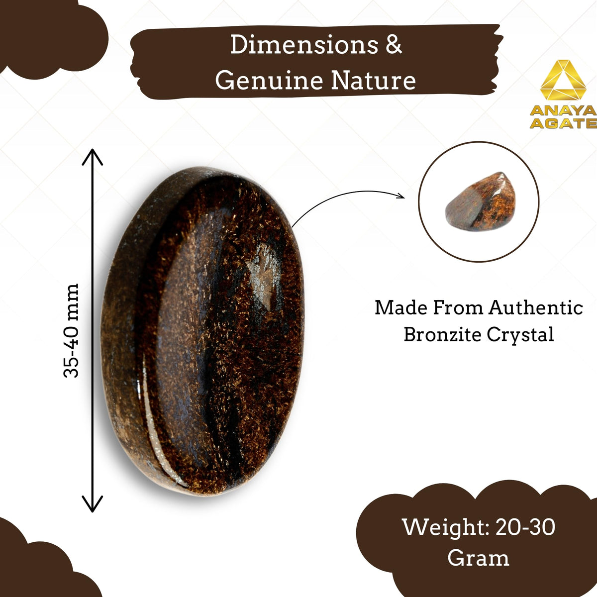 Anaya Agate Bronzite Worry Stones Certified Crystal Thumb Worry Stone for Anguish, Relaxing and Soothing Balance Stones for Meditation, Stress Relief Crystals and Healing Stones for Men Women