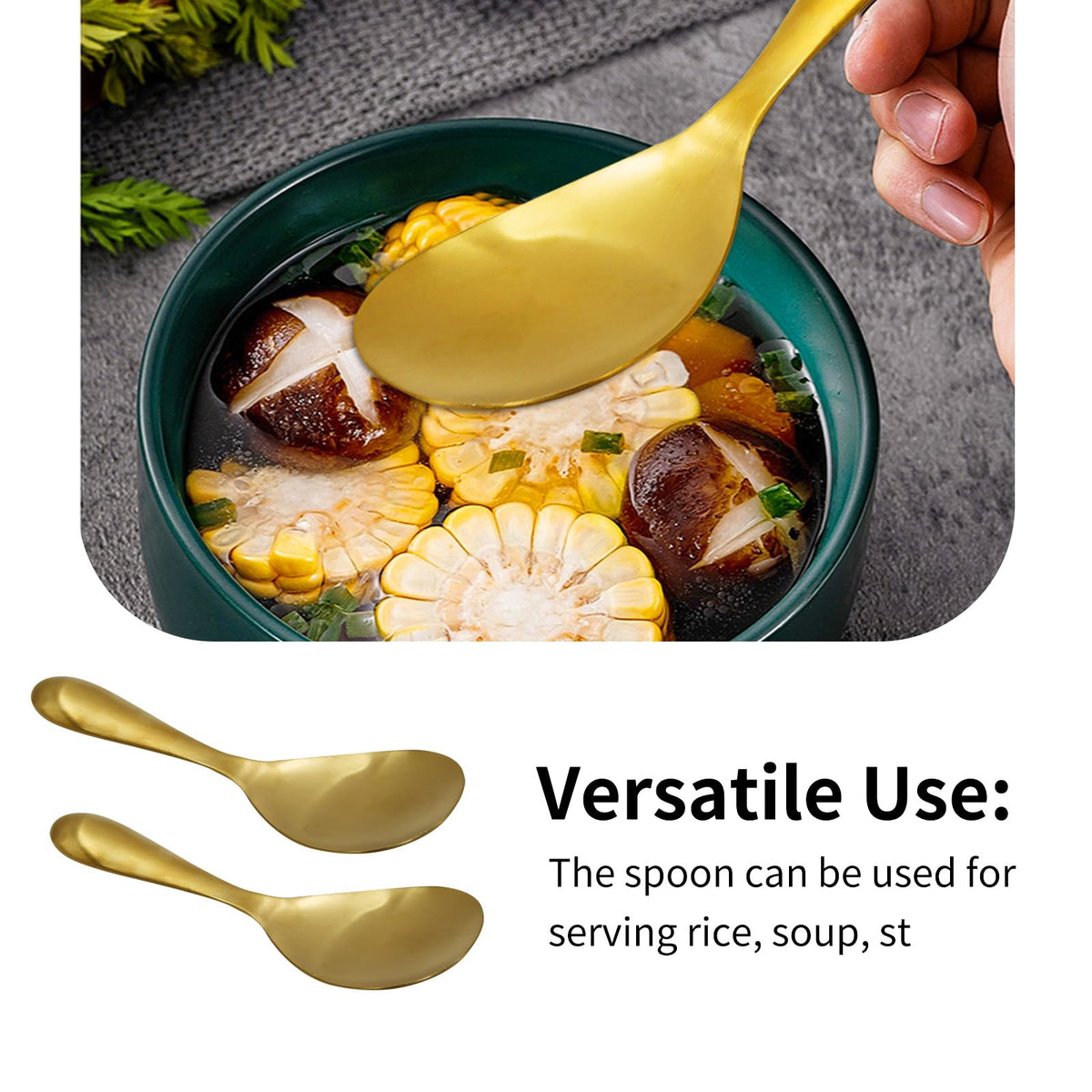 2 Pack 8 Inch Stainless Steel Rice Spoons, Thickened Heat Resistant Serving Spoon, for Kitchen, Gold