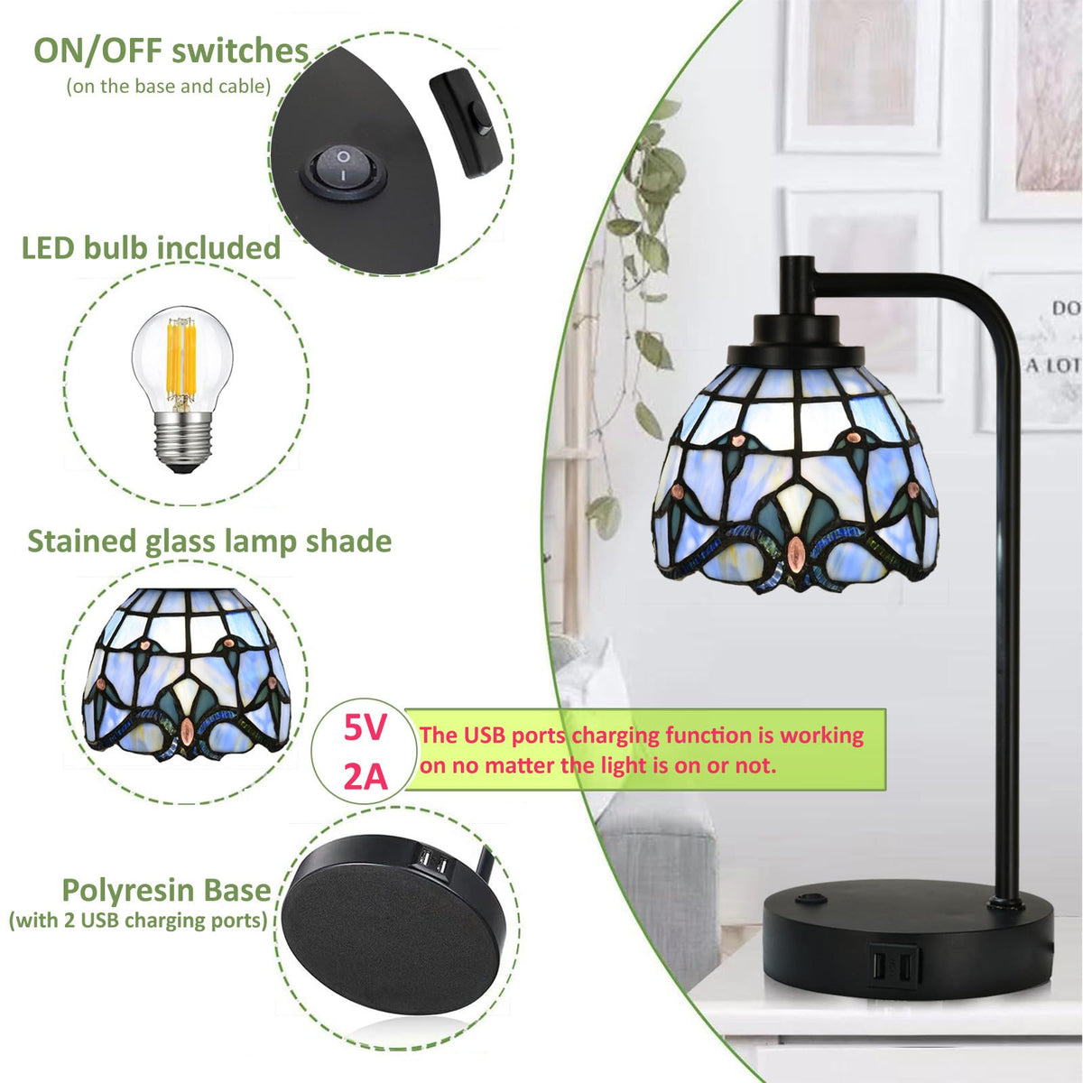 HomeBeauty TL0016 Tiffany Style Stained Glass Table Lamp with USB Charging Ports, Desk Lamp with Blue Baroque Lamp Shade, Retro Nightstand H 14.5" for Bedroom Office, LED Bulb Included (Blue)