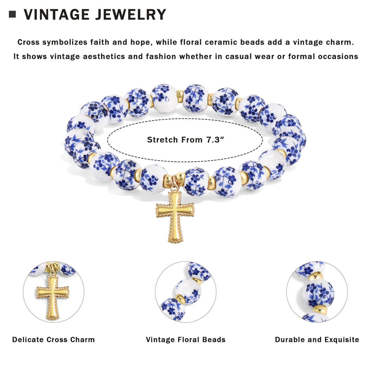 VIBILIA Cross Bracelets for Women, Cross Charm Vintage Jewelry, Flower Beaded Bracelet, Gold Handmade Stretch Jesus Baptism Romantic Christian Birthday Gifts for Women on Easter Mother's Day, Blue