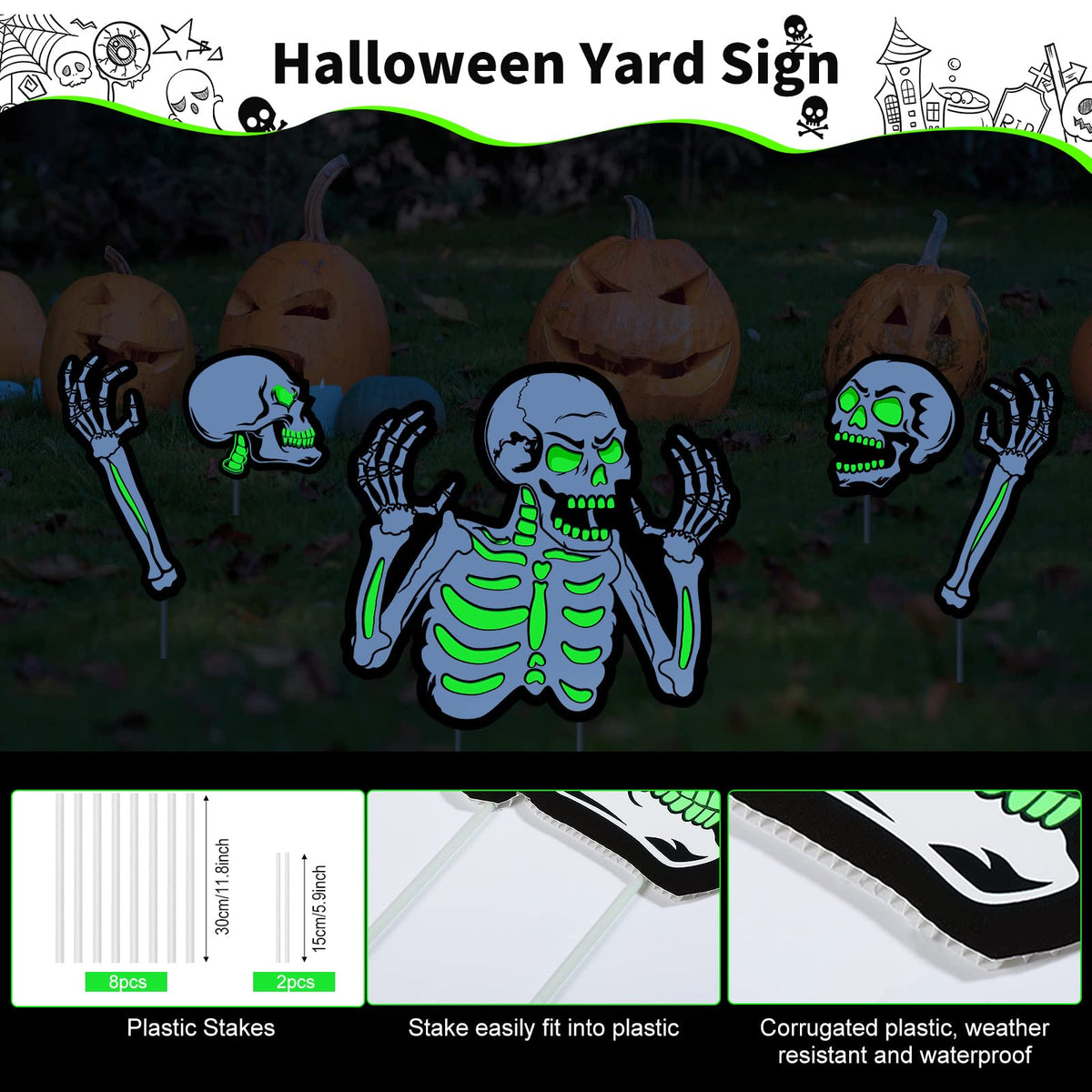 Capoda 5 Pieces Halloween Yard Signs Outdoor Decorations Fluorescent Halloween Skeleton Garden Sign with Stakes Reflective Skeleton Lawn Stake for Garden Lawn Yard Decor Supplies