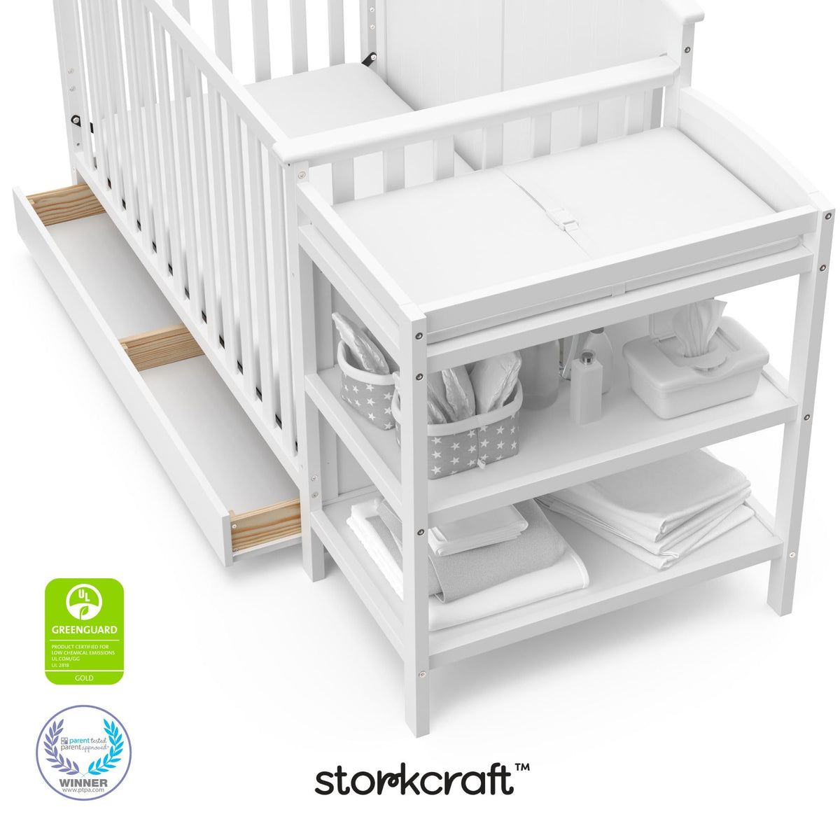 Storkcraft Steveston 5-in-1 Convertible Crib & Changer – GREENGUARD Gold Certified, Fits Standard Crib Mattress, Converts to Toddler Bed and Full Bed, 4 Adjustable Mattress Heights (White)