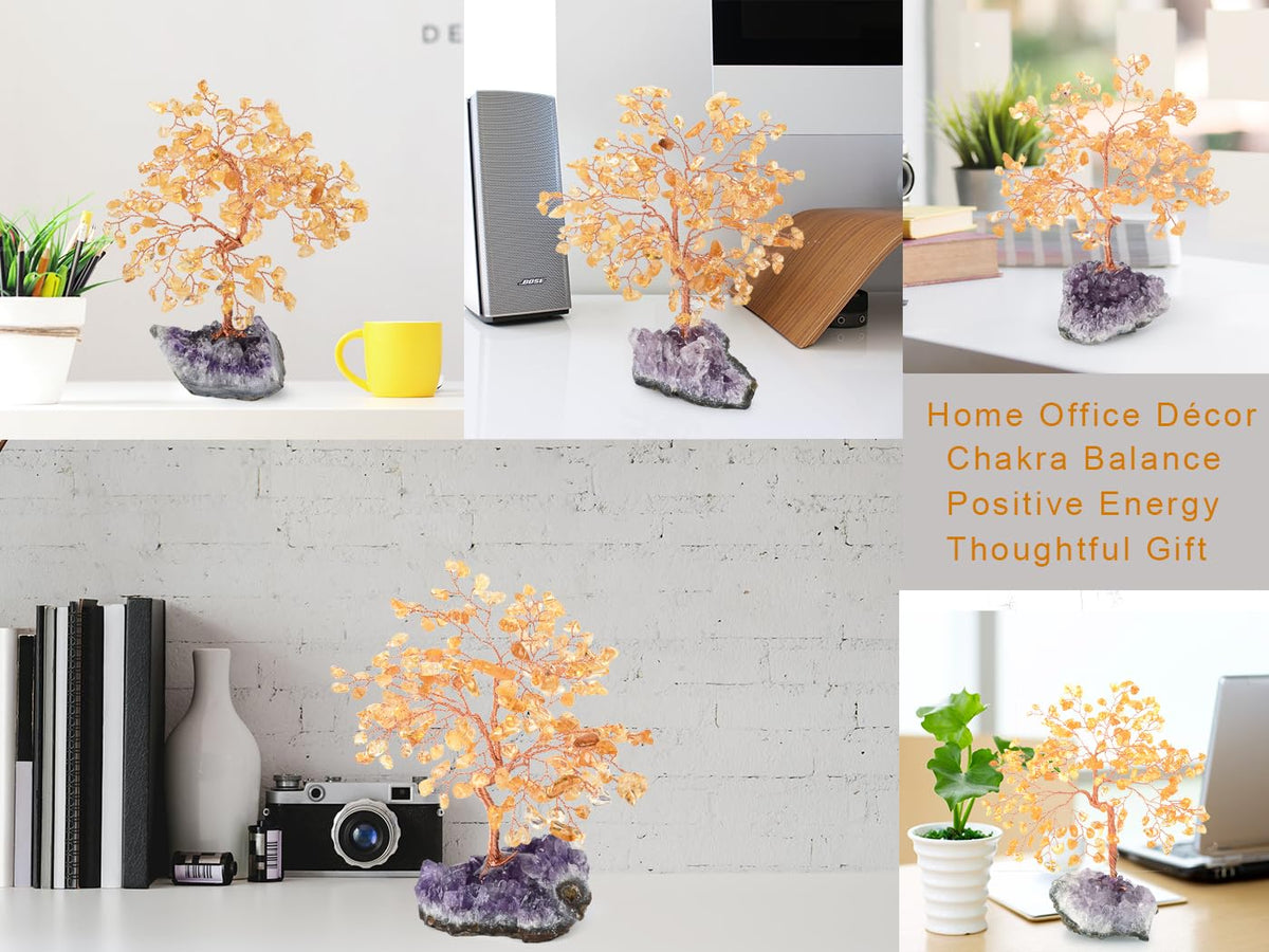 MASGEMES Natural Citrine Crystal Tree with Amethyst Geode Base,Healing Crystals Feng Shui Bonsai Money Tree,Chakra Balancing Positive Energy Home Decor 5.5"-6.3"