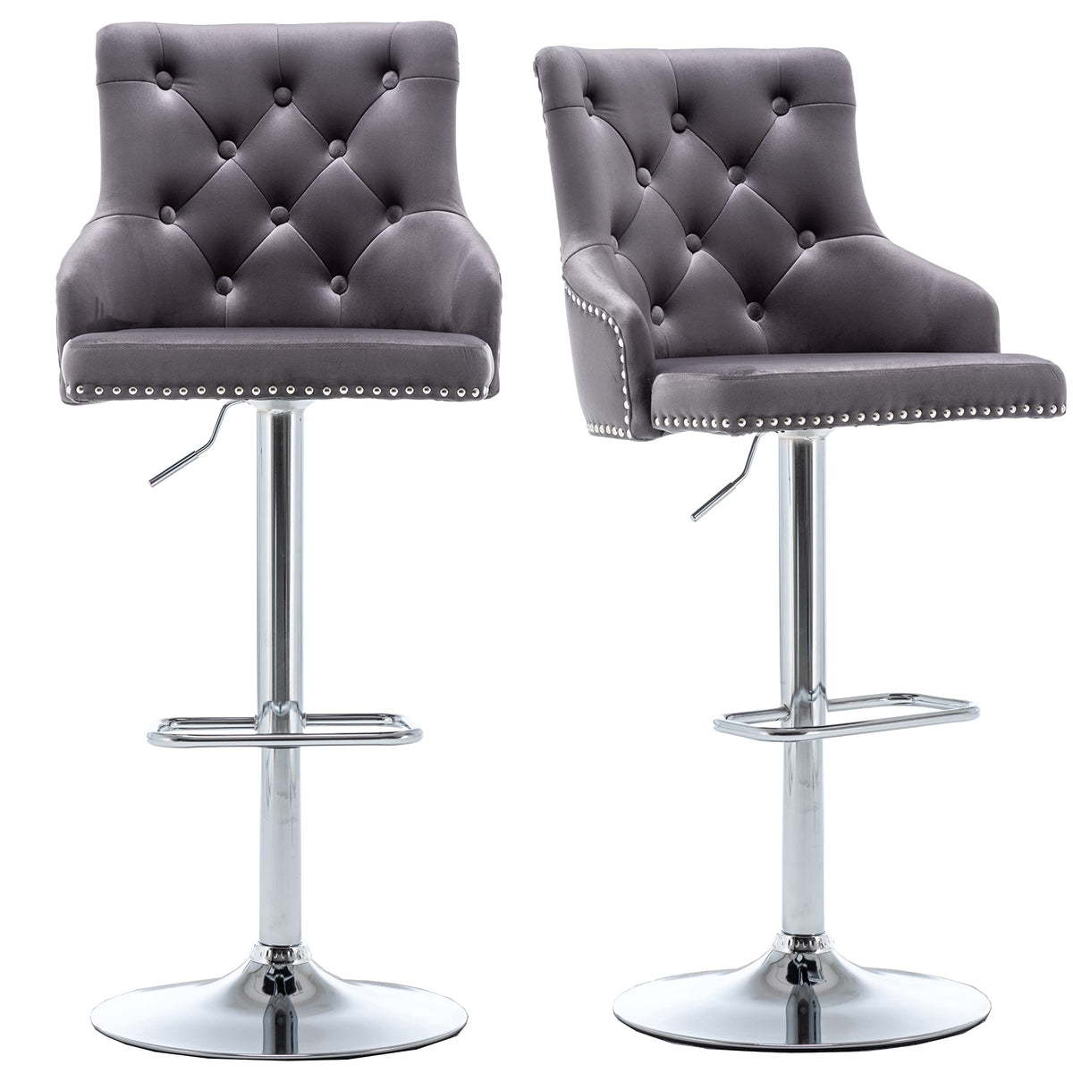 BTEXPERT Set of 2 Premium upholstered Dining 25" - 33" Adjustable High Back Stool Bar Chairs, Gray Tufted Nailhead Trim, (5153GR-2)