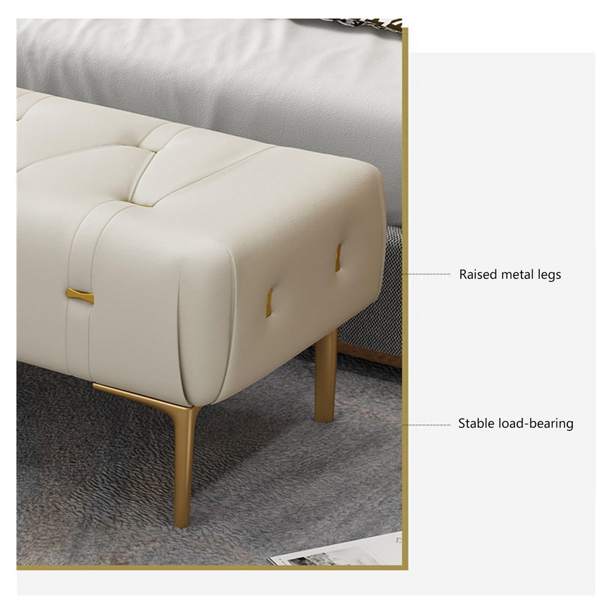 Bedroom End of Bed Bench Upholstered Tufted Bench with Upholstered Seat, Foot Stool with Sturdy Metal Legs, Leather Bench for Bedroom Living Room Entrance Ottoman Couch Bench (Color : Beige, Size :
