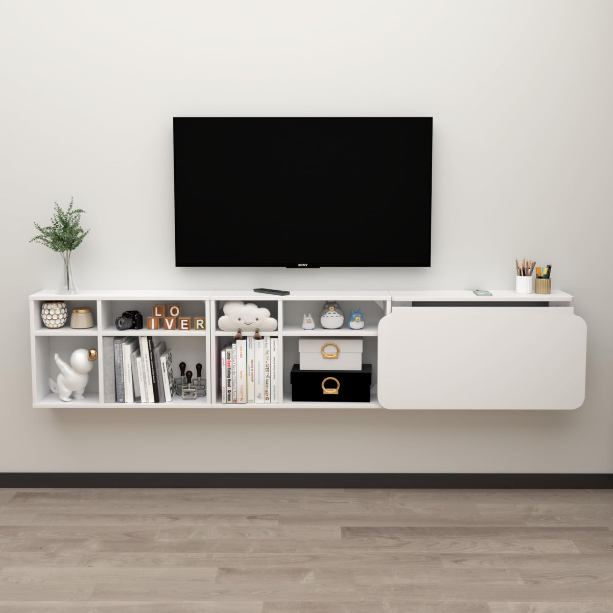 TuckTect Floating Desk with Storage Shelves, 81'' Wall Mounted Desk Laptop Writing Study Table, Folding Drop Leaf Table, Multifunctional Computer Workstation for Narrow Small Space