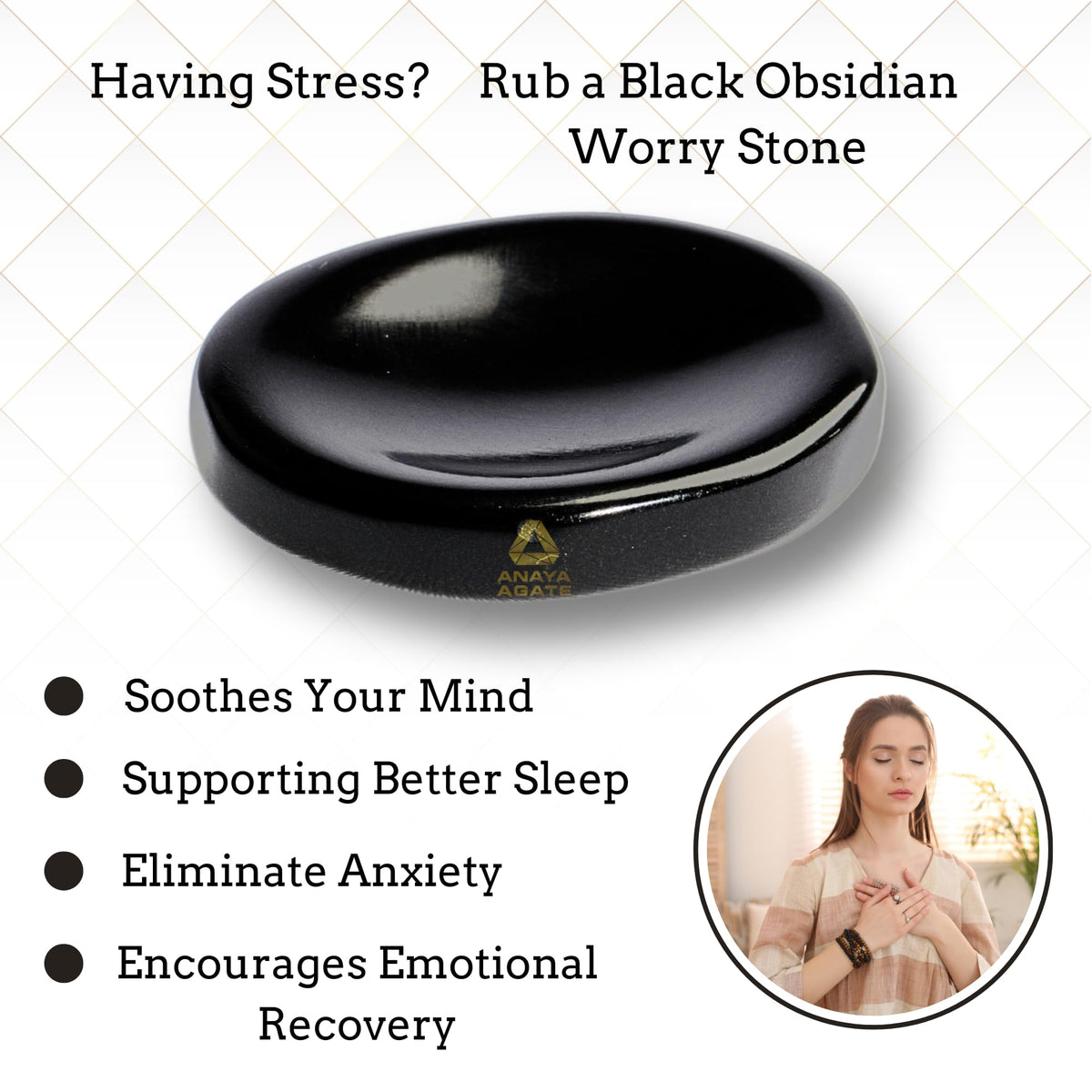Anaya Agate Black Obsidian Worry Stones Certified Crystal Thumb Worry Stone for Anguish, Relaxing and Soothing Balance Stones for Meditation, Stress Relief Crystals and Healing Stones for Men, Women