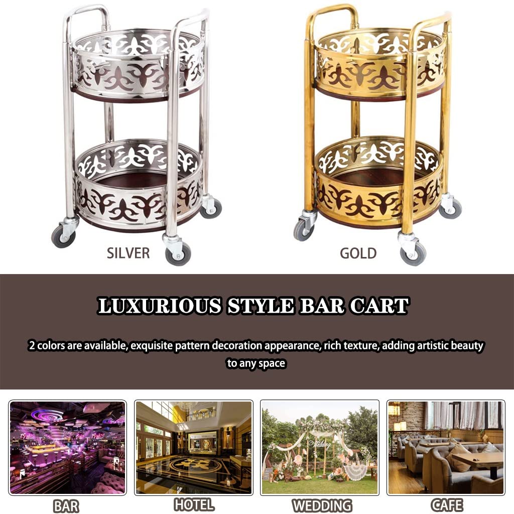 FGQuelleBM 2-Tier Serving Cart with Ornate Cut-Out Design, Mobile Beverage Cart Features Dual Handles, Crafted from Stainless Steel and Wood(Gold)