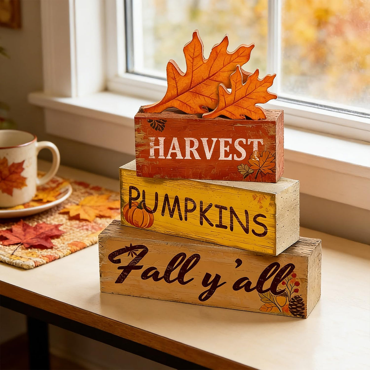 4 Pcs Fall Thanksgiving Tiered Tray Decor Wooden Harvest Pumpkin Signs Fall Yall Rustic Farmhouse Table Decoration Centerpieces Harvest Wooden Blocks for Home Kitchen Living Room Indoor Tabletop Decor