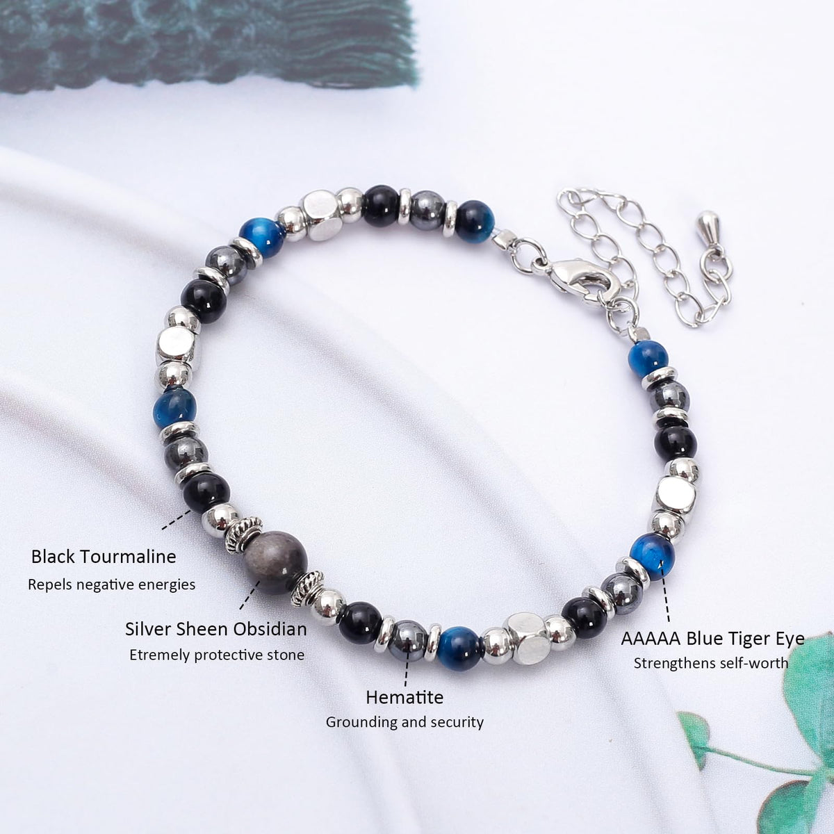 MTJAHPS Protection Bracelet, empath protection, black obsidian Crystals and Healing Stones Bracelet for Women ，Luck ，Anxiety and Stress Clam Bracelet (A-Triple Protection)