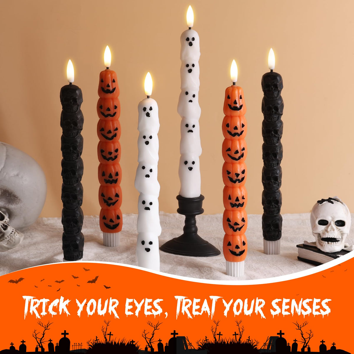 Eywamage Halloween Flameless Taper Candles with Remote, Orange Pumpkin LED Candlesticks Battery Operated Flickering Real Wax Set of 4
