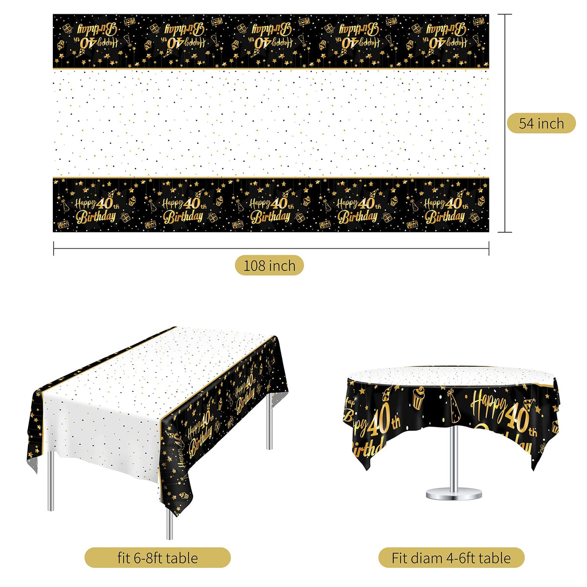 Ruisita 2 Pack Black Gold Table Cloth Cover Happy 40th Birthday Tablecloth Party Tablecloths Rectangular Table Cloth Cover for Indoor or Outdoor Parties Birthdays