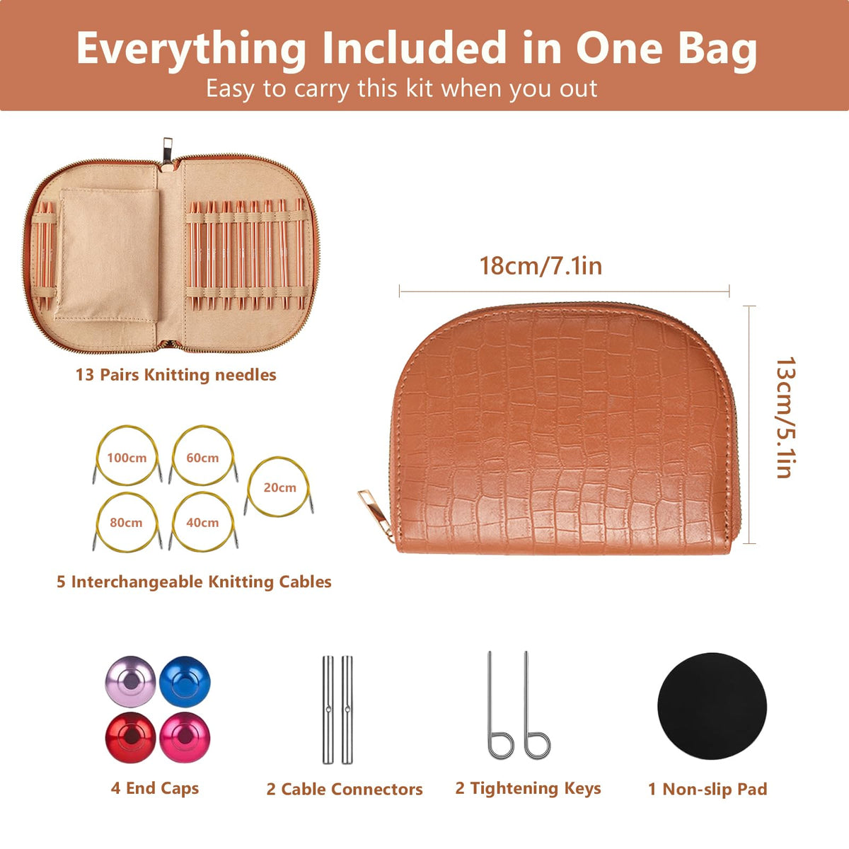 LYMIGER 13 Pairs Interchangeable Circular Knitting Needles Set, 4in Knitting Needles Set Aluminum 3-10mm with 20cm, 40cm, 60cm, 80cm, 100cm Rotatable Cables, Knitting Accessories and Case (Rose Gold)