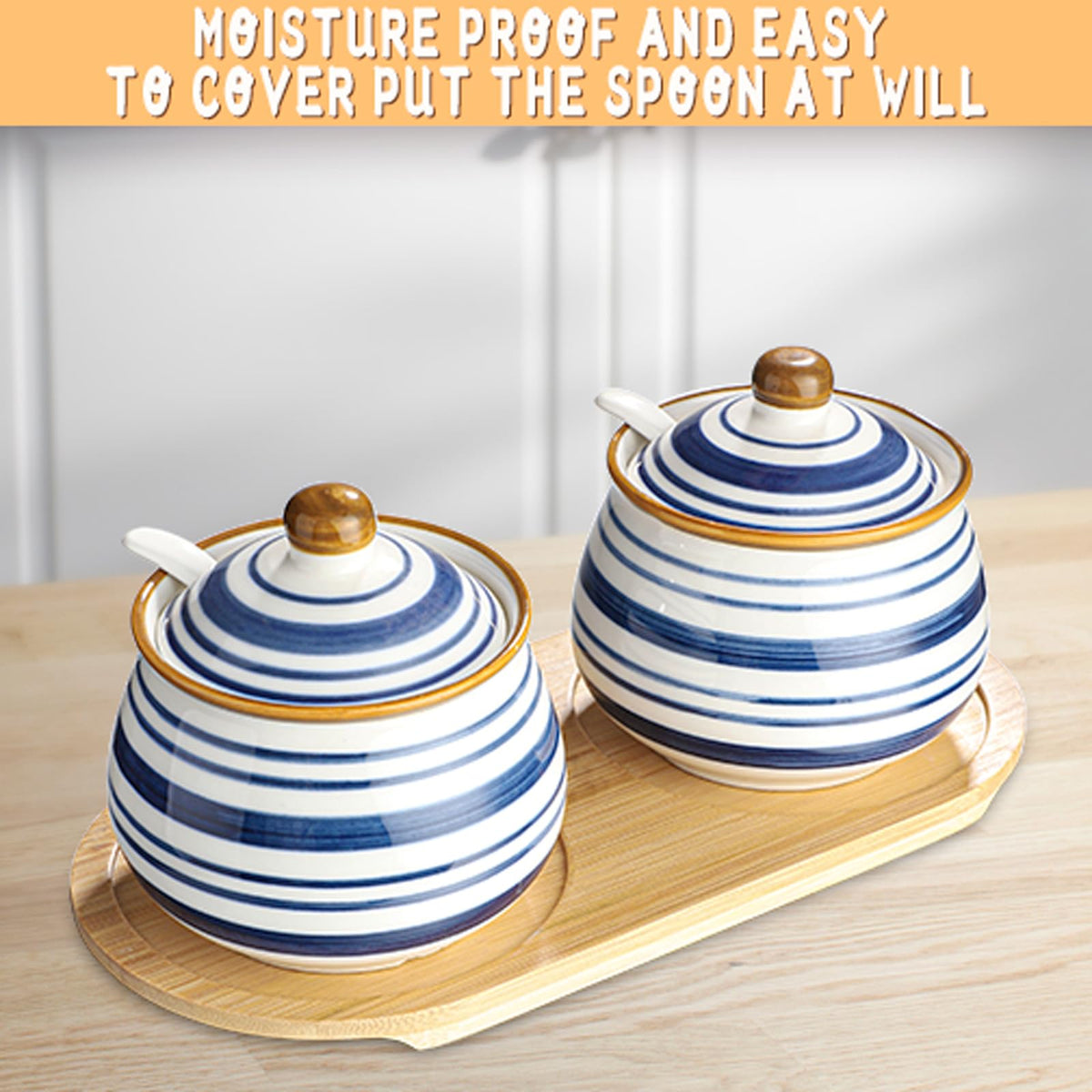 Sailench Sugar Bowl Set of 2,Ceramic Sugar Bowl with Lids and Spoon & Wooden Tray,Sugar Jars for Coffee Bars and Home Kitchens(2, Large)