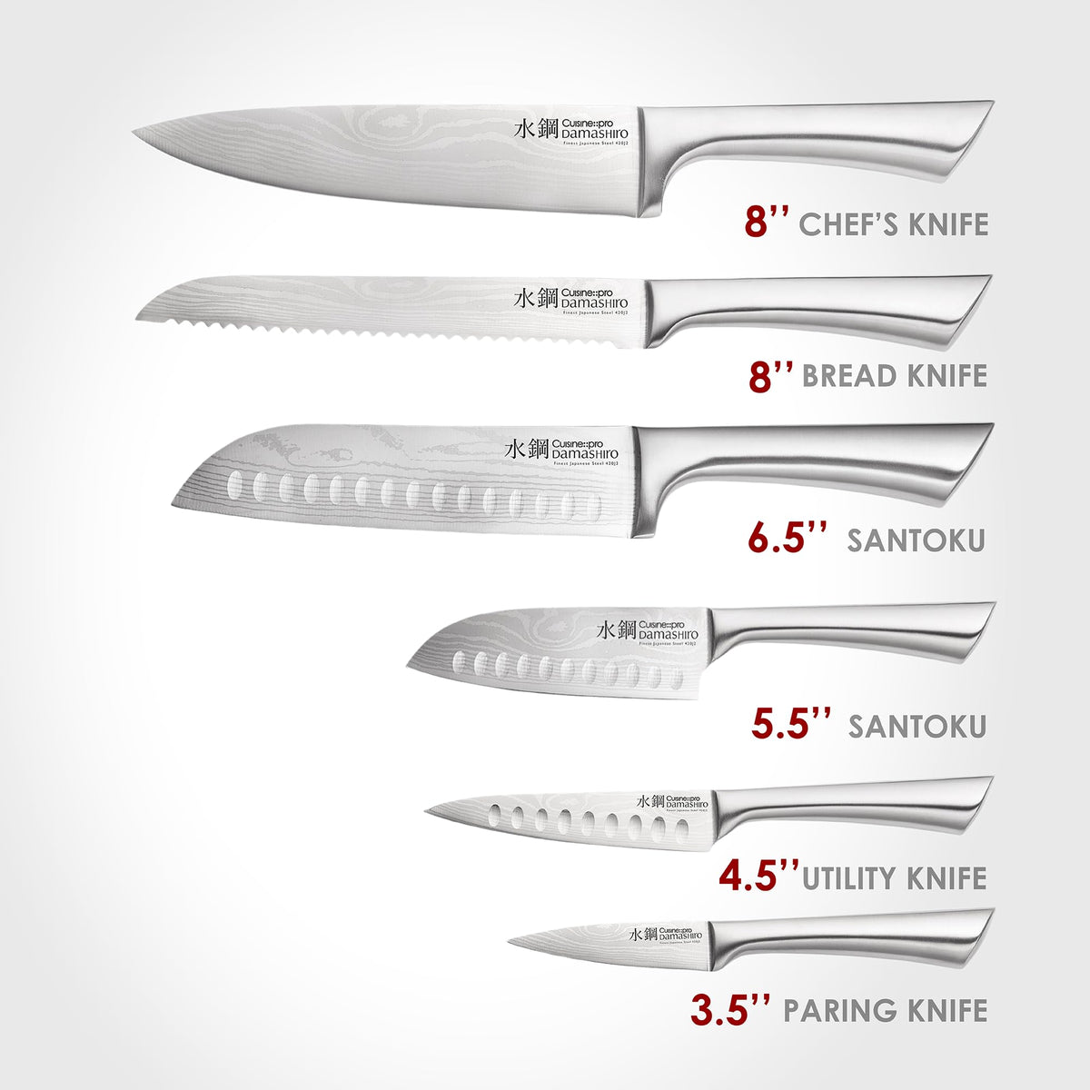 Cuisine::pro Damashiro Knife Block (Kumi, 7-Piece Chef Knife Set) - Japanese Steel Knife - Magnetic Knife Block- Damascus-Inspired Blade Kitchen Knives