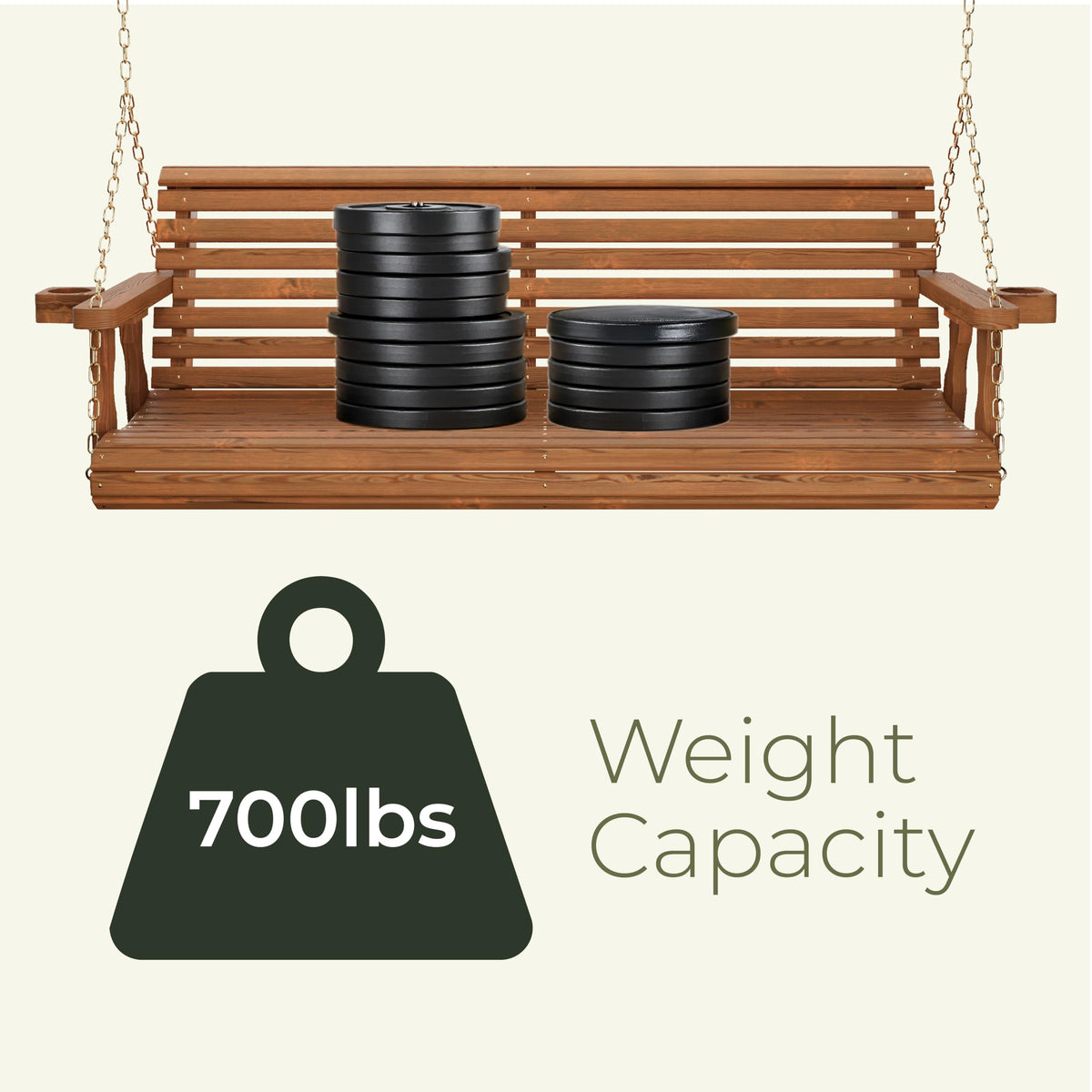 Amish Casual Heavy Duty 700 Lb Capacity Porch Swing with Cup Holders (4 Foot, Cedar Stain) – Wooden Outdoor Roll Back Swing with Hanging Chains – Amish Made in the USA